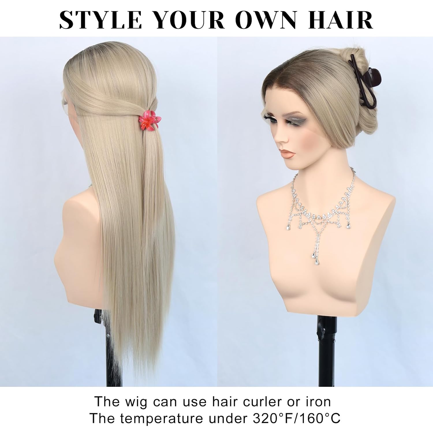 26 Inch Long Straight Synthetic Lace Front Wig for Women Ombre Ash Blonde 13x4 Lace Pre-Plucked Glueless 180% Density Natural Hairline Heat Resistant for Daily Wear (Ombre Ash Blone)