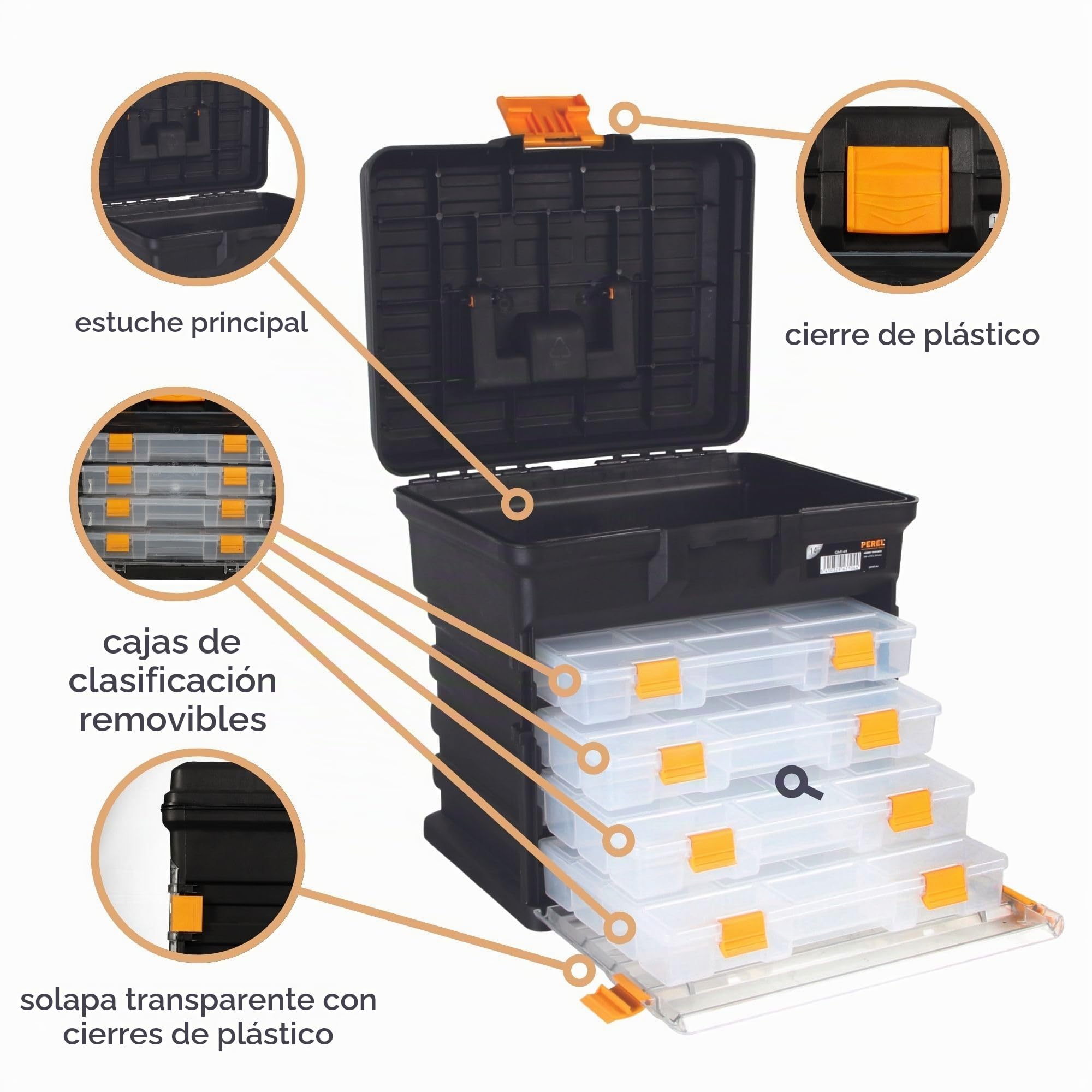 Perel Caja de almacenamiento multifuncional, polipropileno, 5 PC, portátil, con 4 cajas extraíbles para accesorios, negro/naranja, 340 x 272 x 341 mm