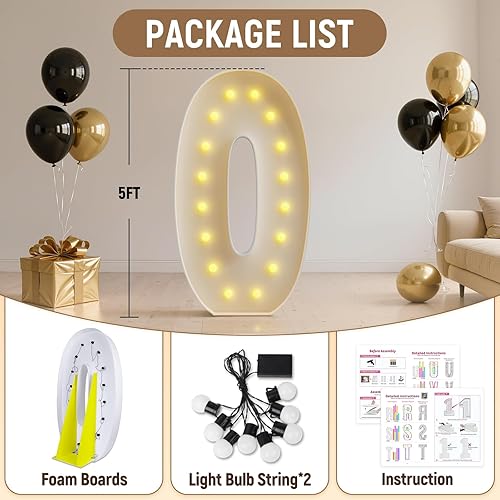 Miniatura 2 de Números de marquesina de 5 pies de alto, números grandes iluminados 0 para 40, 50, 60 cumpleaños, decoración de fiesta de cumpleaños para hombres