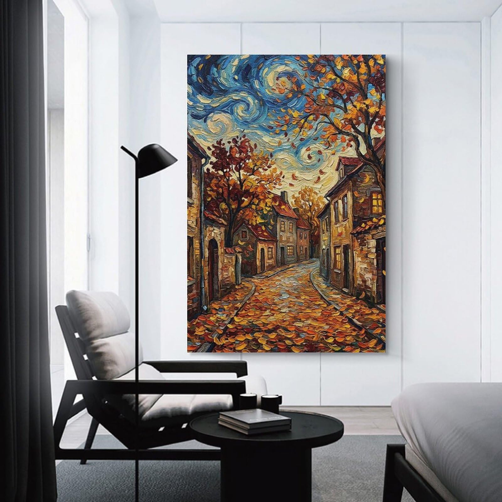 Junmoney Autumn Street Scene Painting Canvas Wall Art, 16x24inch(40x60cm), for Bedroom Decor, Cosy Corners Or Studios, Stylish Decor for A Restful Room Update