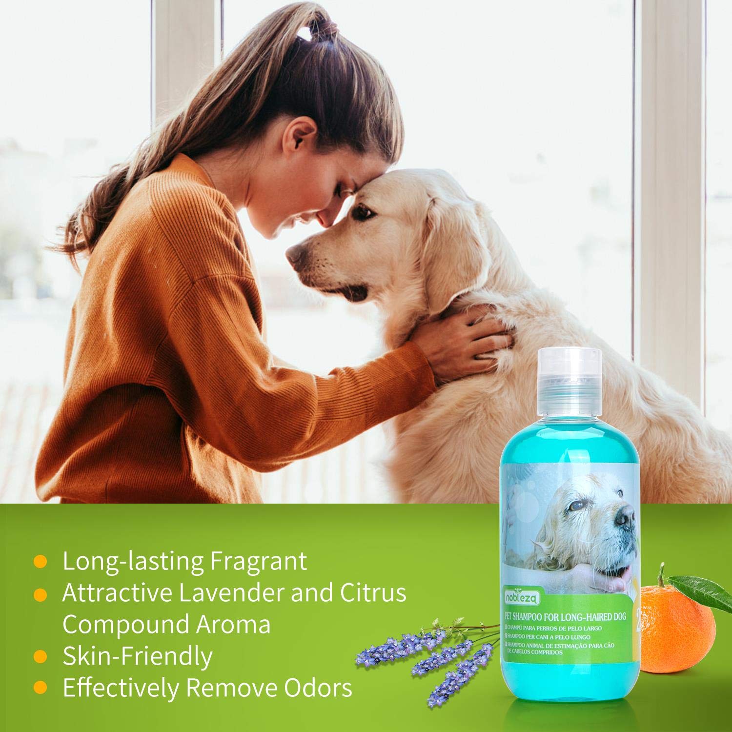 Nobleza Shampoo per Cani Pelo Lungo, Effetto Districante, Shampoo Cane Pelo Lungo, Antibatterico e Dermoprotettivo, Dermatite e Ipoallergenico con Lavanda e Profumo di agrumi 250 ml