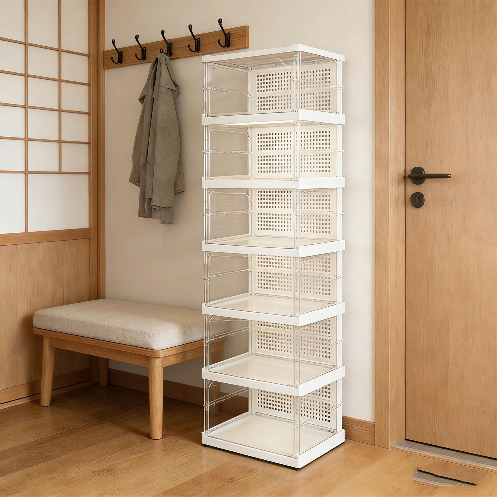 Caja de Zapatos Apilable con Diseño de Plegado Rápido, Caja Contenedor de 100 Libras de Capacidad, Organizador de Puerta Transparente, Se Adapta a Calzado de hasta Tamaño 12, (6 niveles)