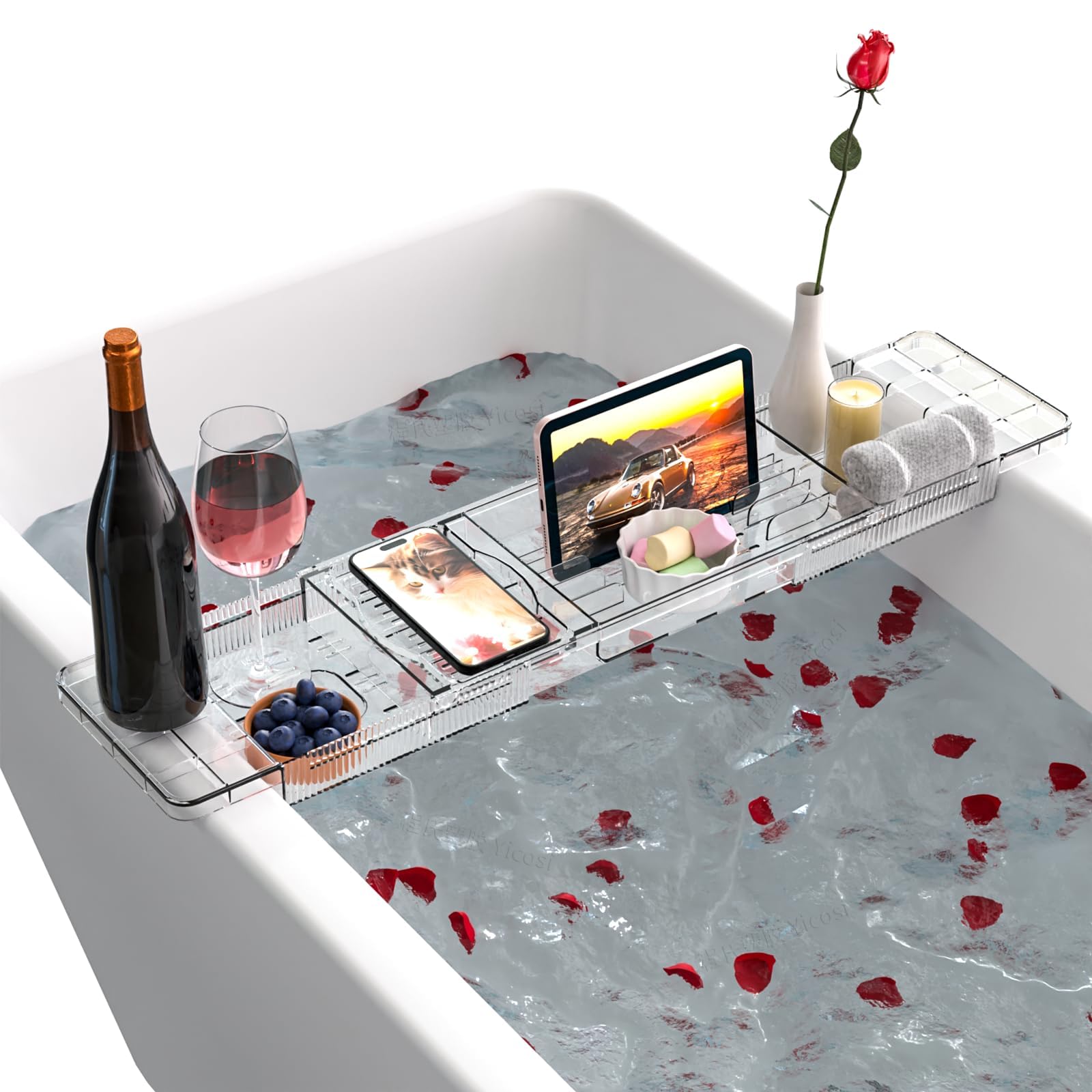 Tazweeq Clear Premium Bathtub Tray Caddy, Table for Most Tubs, Expandable Bath Accessory, Luxury Bathroom Spa for Women, New Home
