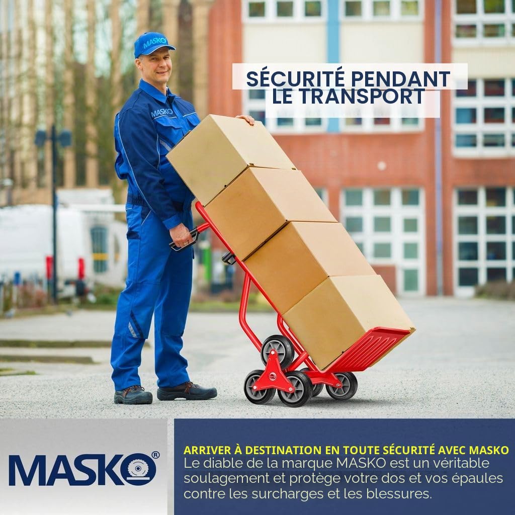 MASKO® Diable pour escaliers Diable 200kg, Pliable Pneus en Caoutchouc Dur | Poignées en Plastique | Cadre en Acier - Rouge