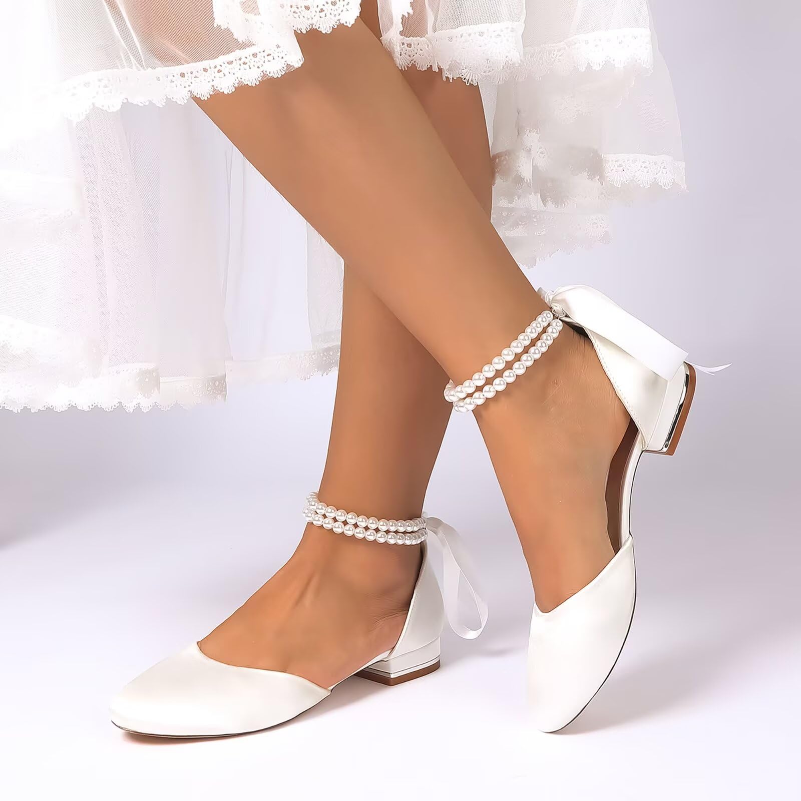 Scarpe da Matrimonio in Raso Donna Tacco Largo Basso Eleganti con Perle Punta a Tonda Scarpe da Ballo Festa Serata Cerimonia