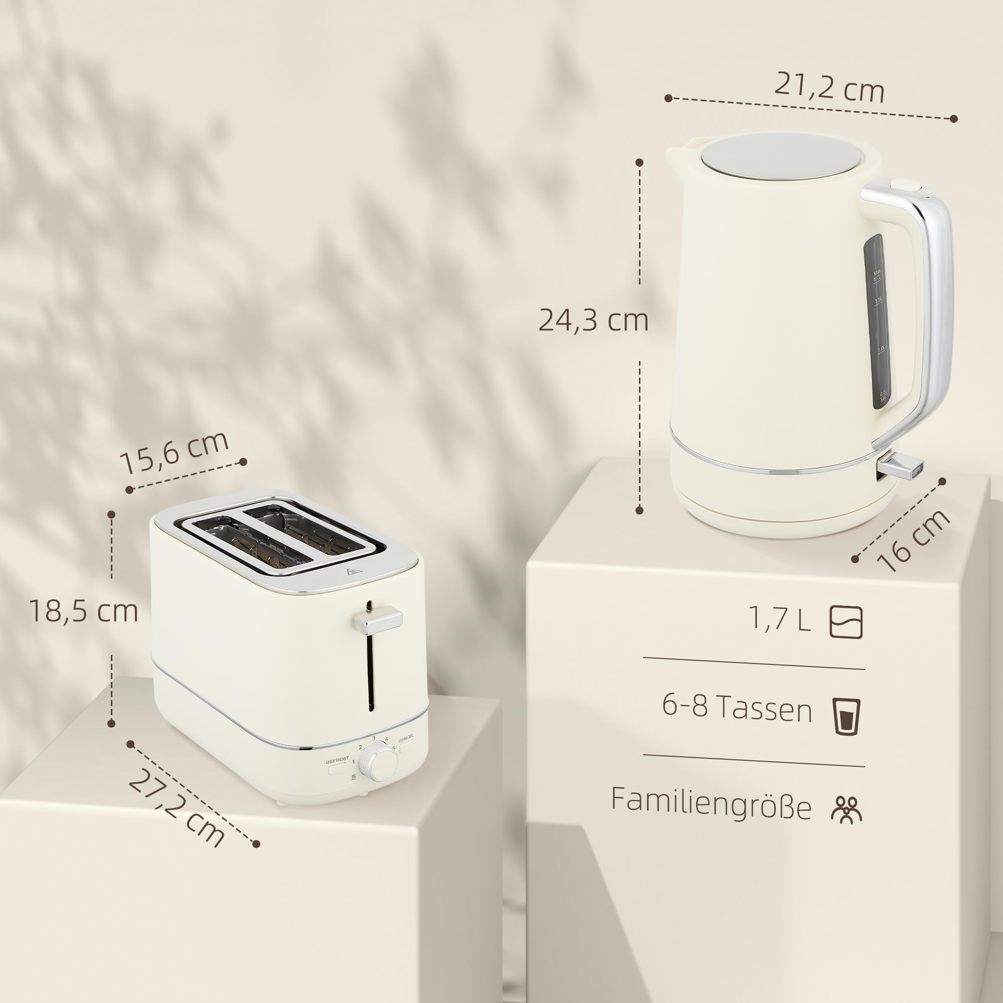 HOMCOM Hervidor Tostador 2200 W 1.7L Hervidor, tostador de 2 discos, 6 niveles de tostado, recalentar y descongelar, set de desayuno con termostato UK Otter, filtro antical y bandeja recogemigas Beige
