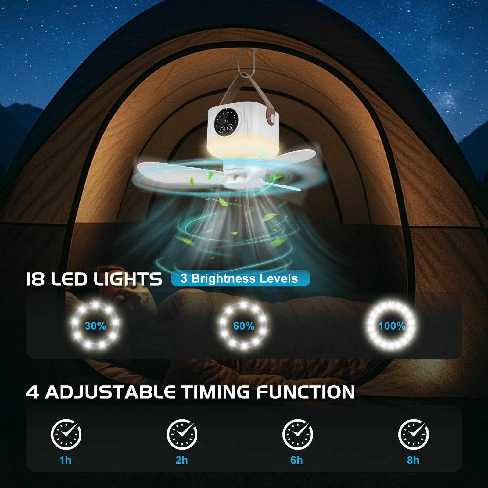 LED Campinglampe mit Ventilator, 7200 mAh Zelt Ventilator mit Licht, Zelt lampe Lanterne Outdoor Camping Zubehör Abnehmbare Ventilatorflügel, Aufhängehaken, Timer und Stativ