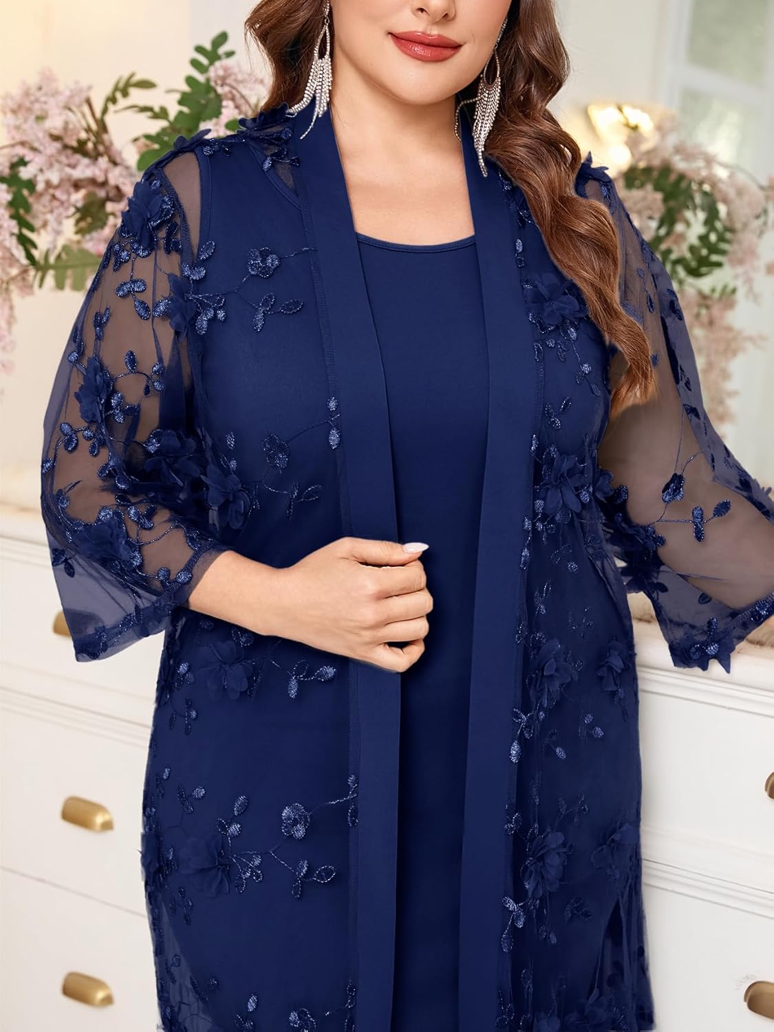 Plus Size Mother of The Bride Formal 2 Piece Dress Set with 3D Floral Mesh Jacket Dressy Suit Outfits Guest