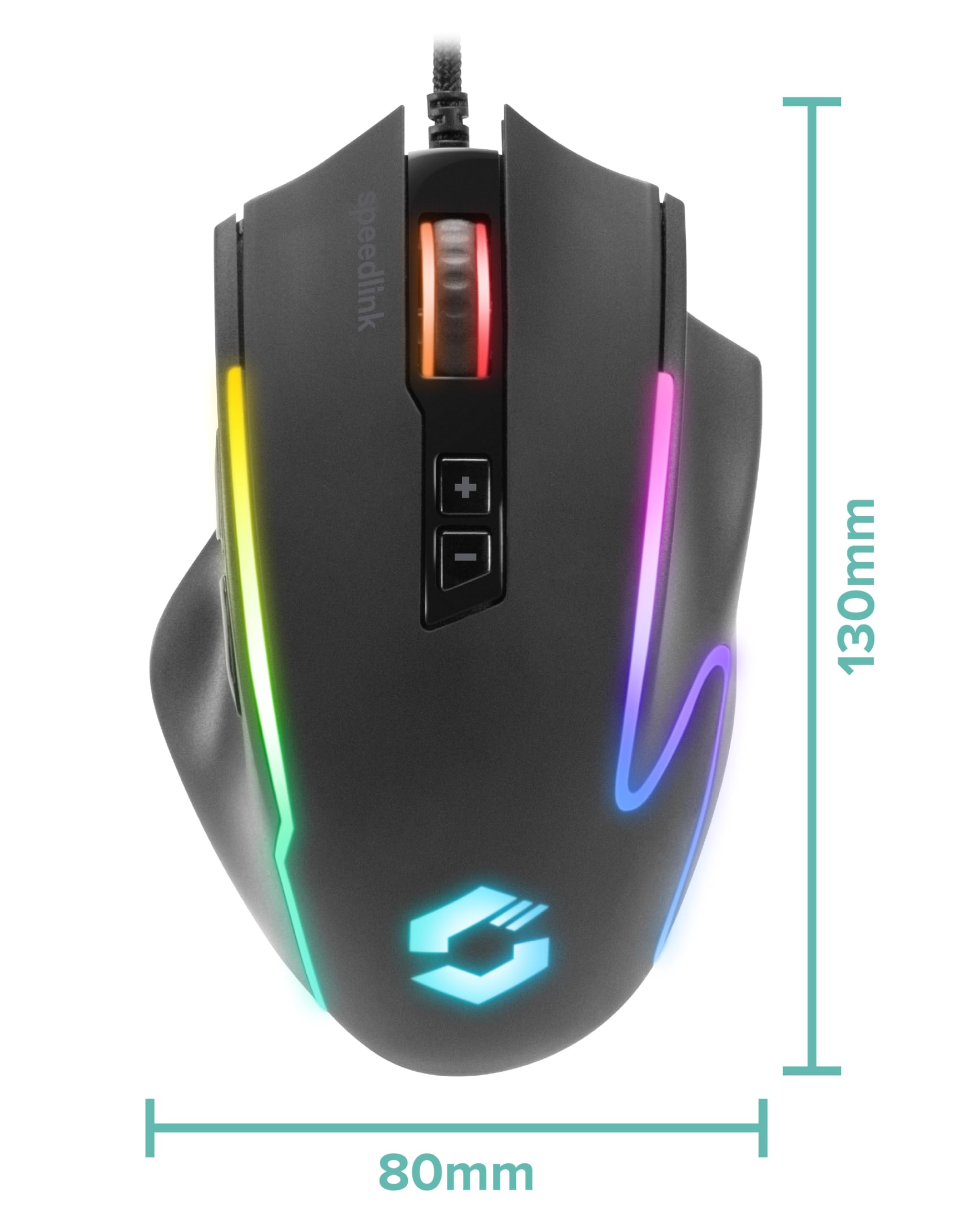 Speedlink DECUS NX - RGB Gaming Maus mit Kabel, bis 12800dpi, Programmierbar, Dauerfeuer Taste, USB kabelgebunden ummantelt, 1000Hz Pollingrate, schwarz