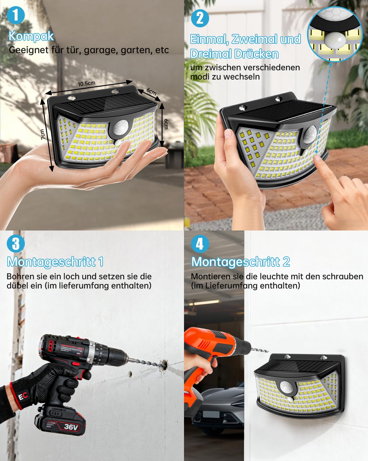 Aootek Solarlampen für Außen mit Bewegungsmelder, 8er Set, Garten, 120 LED | 270° Breiter Winkel, IP65 Wasserdicht, Solar Wandleuchte, Sicherheitslicht, Gartenbeleuchtung, Schwarzer Rahmen, Warmweiß
