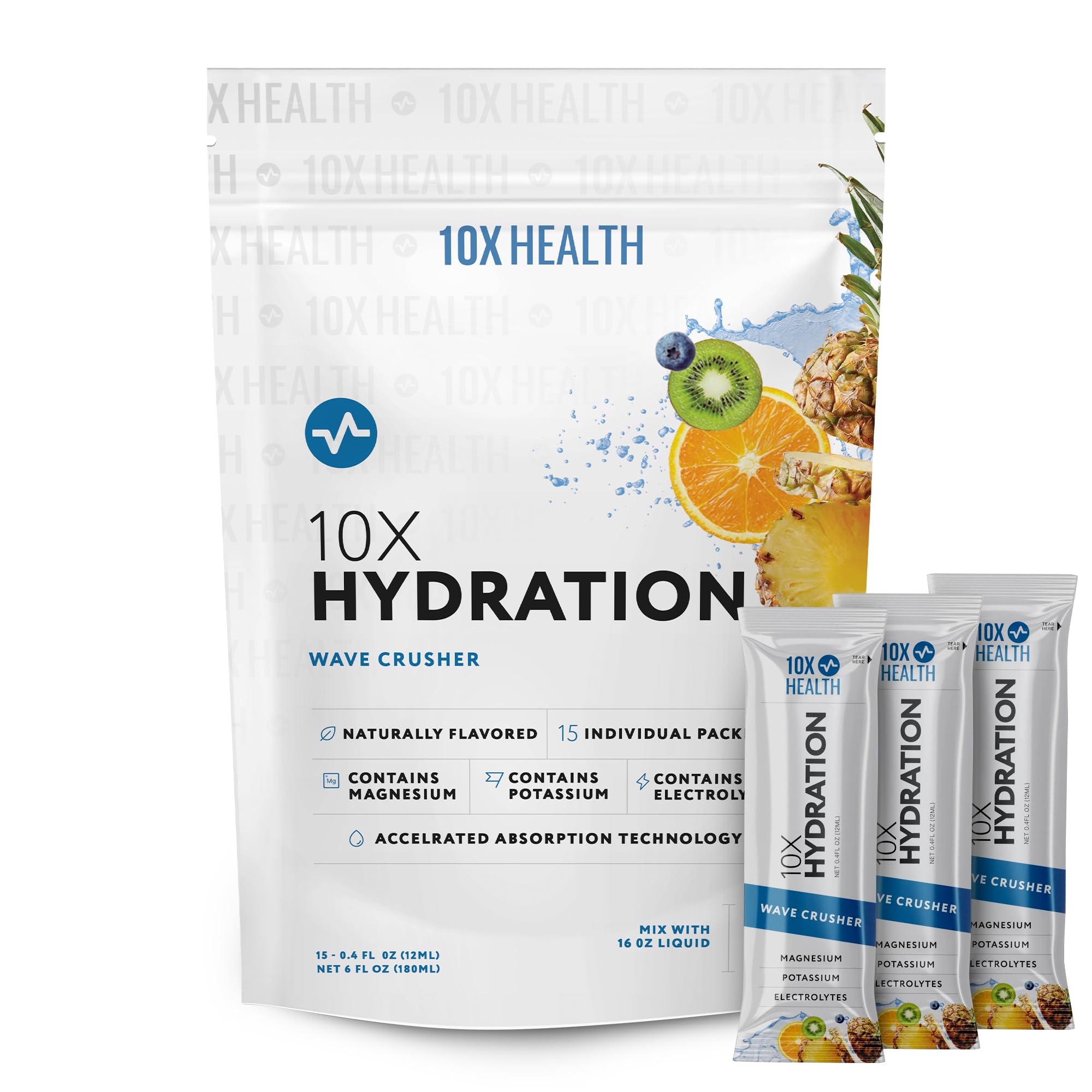10X Health Electrolyte Drink Mix - Hydration Packets - Sodium, Magnesium, Potassium Citrate & Electrolytes Packets - Naturally Flavored, Dye-Free & Sugar-Free Hydration Packs - 15 Sticks, Wave Crusher