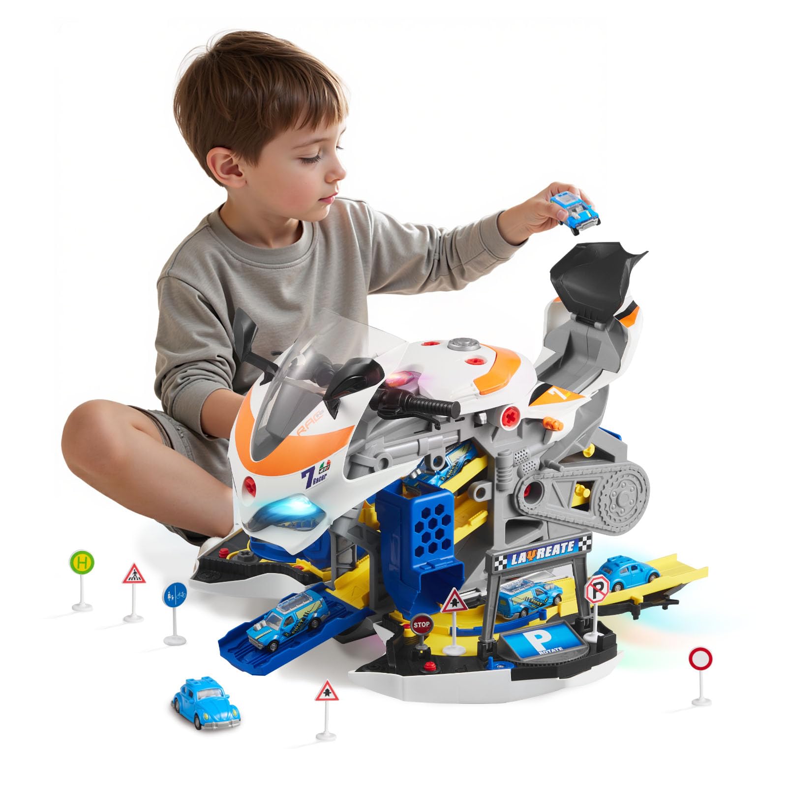 VEVOR Juguete de Motor de Motocicleta, 25 uds Mecánica de Motocicletas con Piezas Extraíbles, Luces y Sonidos, Simulación de Conducción y Carreras en Pista, a Niños a Partir de 3 Años, Amarillo