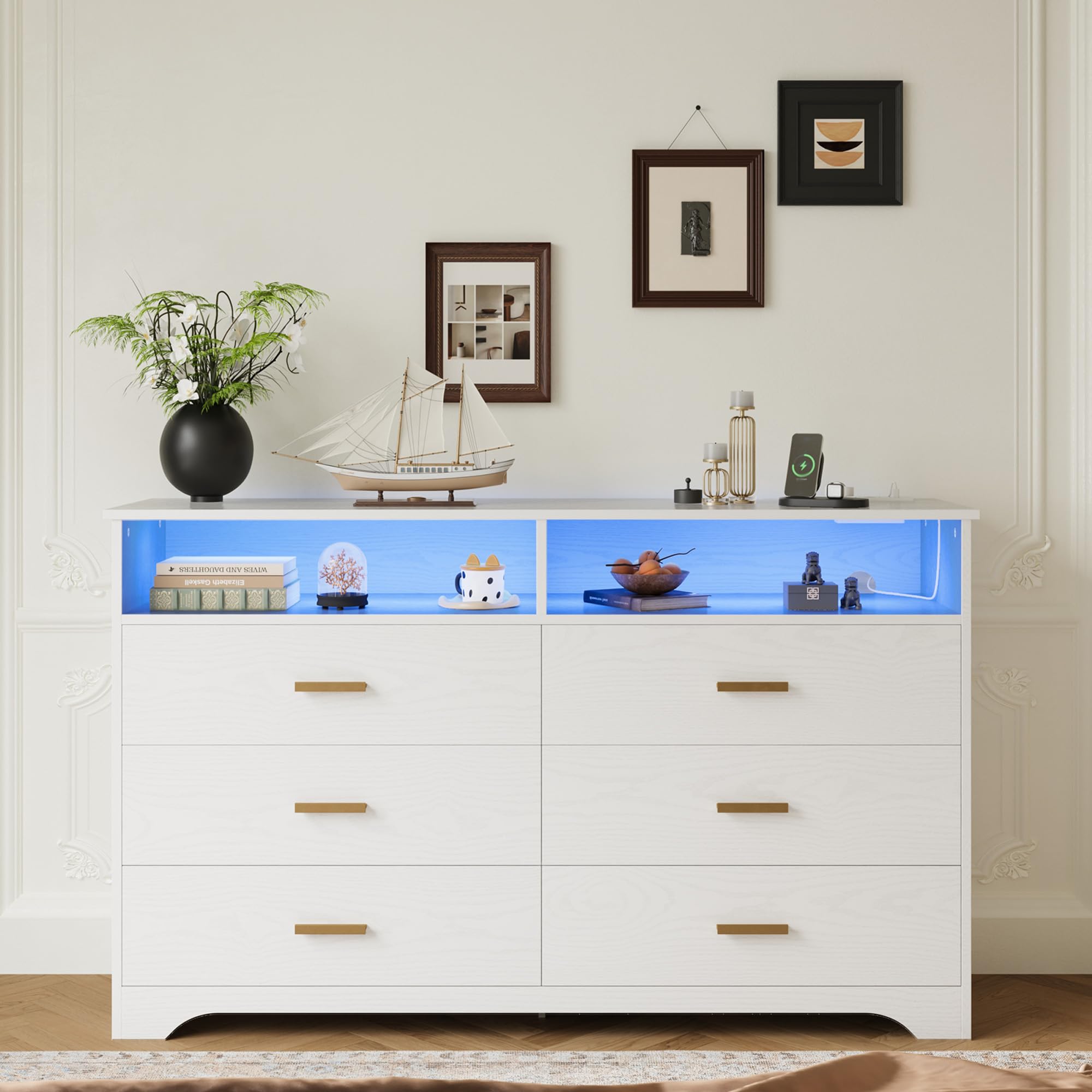 IRONCK Kommode Weiß, Komodenschrank mit LED-Lichtleiste und 2 Steckdosen, Schubladenschrank mit 6 Schubladen und 2 Fächer für Wohnzimmer, Schlafzimmer, Holz, 40 x 150 x 94.7 cm