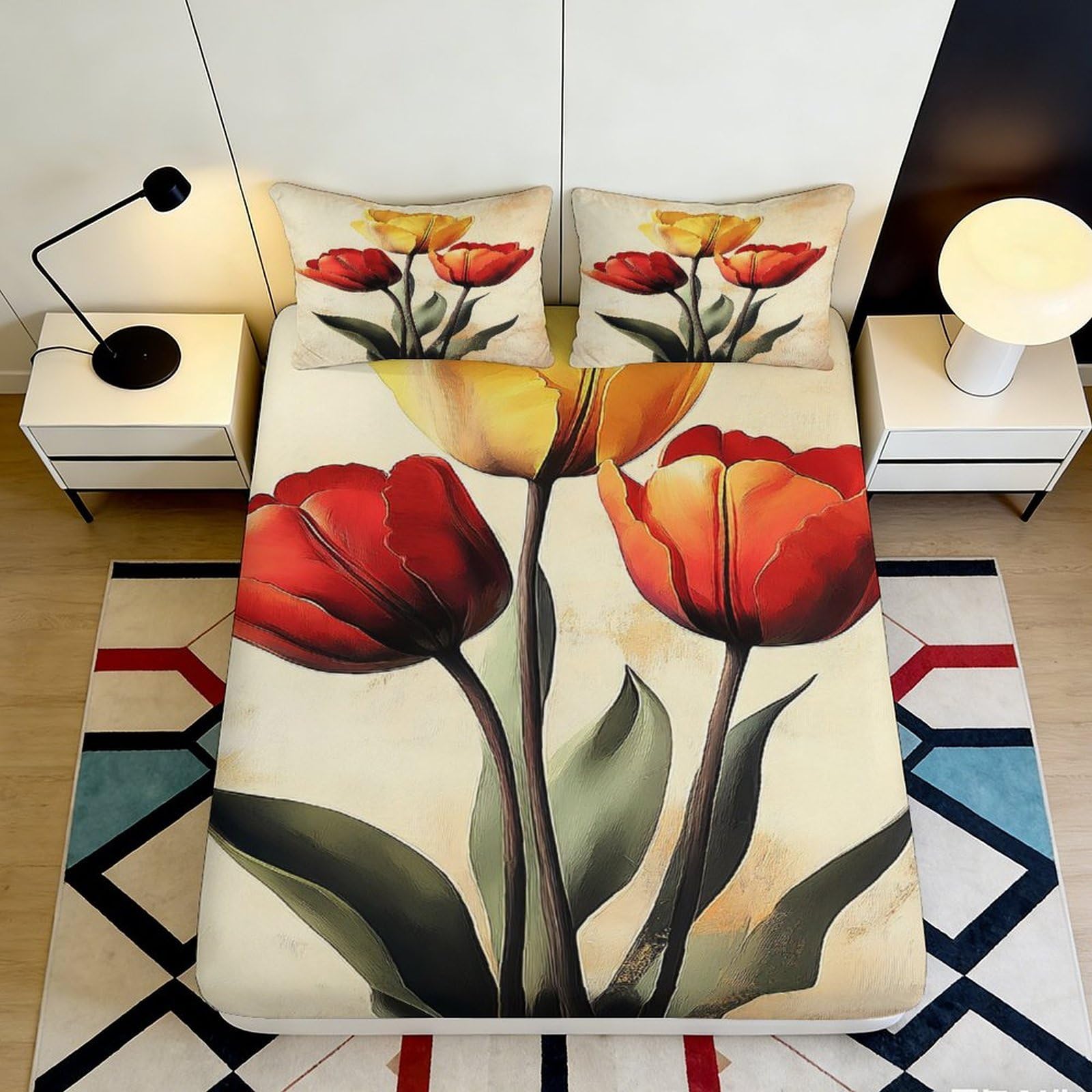 3D Printed Tulip Fitted Sheet Microfiber Deep Pocket Non-Slip Bedroom Bedding Tulip Mattress Fitted Cover Washable 90x200x25cm