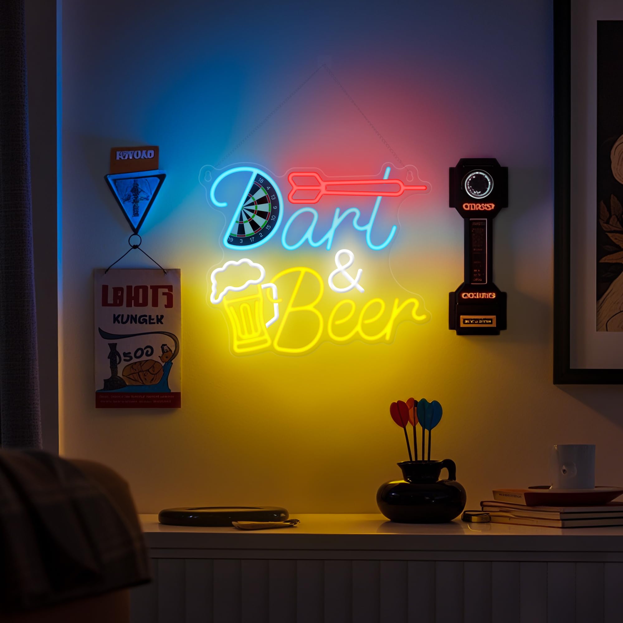 DECO] 🍺🎯 [NÉON] Dart Beer – LED USB Dimmable – Bar, Salle de Jeux & Pub – 34 × 32 cm - Décoration