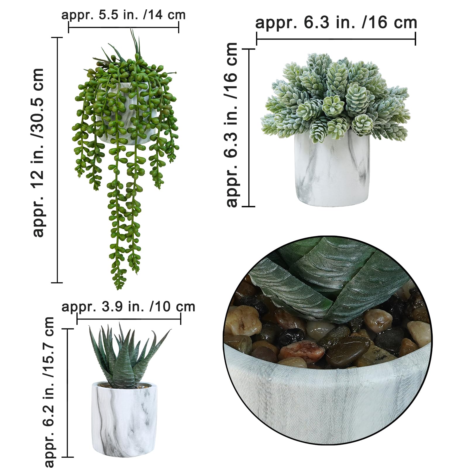Winlyn Lot de 3 petites plantes succulentes artificielles en pot, faux aloès, houblon, guirlande de perles dans un pot moderne en céramique marbré pour maison, jardin, salle de bain, étagère, bureau,