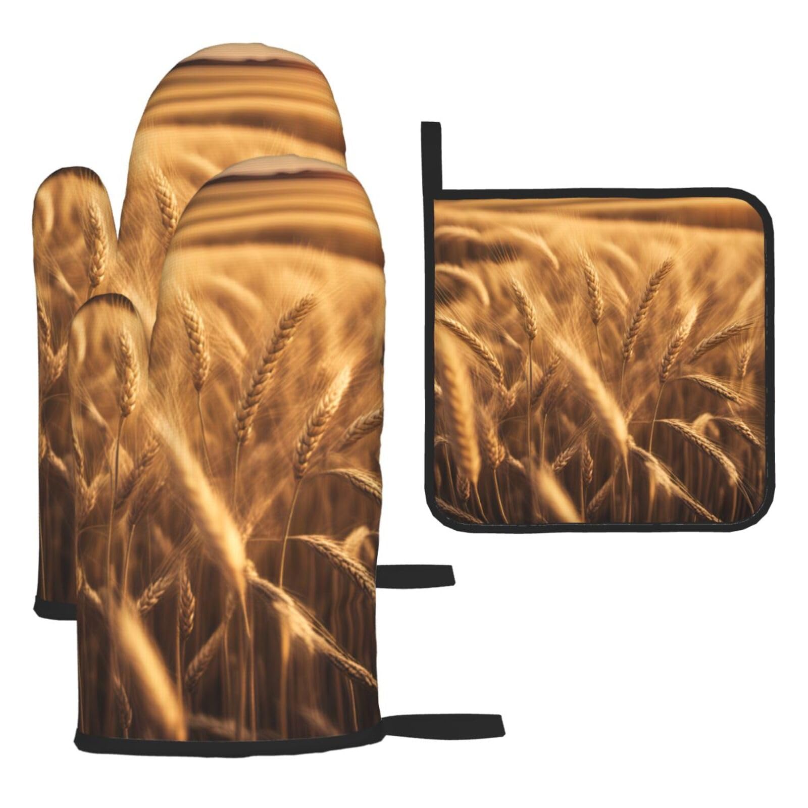 Wheat Field Print Oven Mitts Kitchen Gloves Set Everyday Baking Grilling Microwaving Cooking Gift