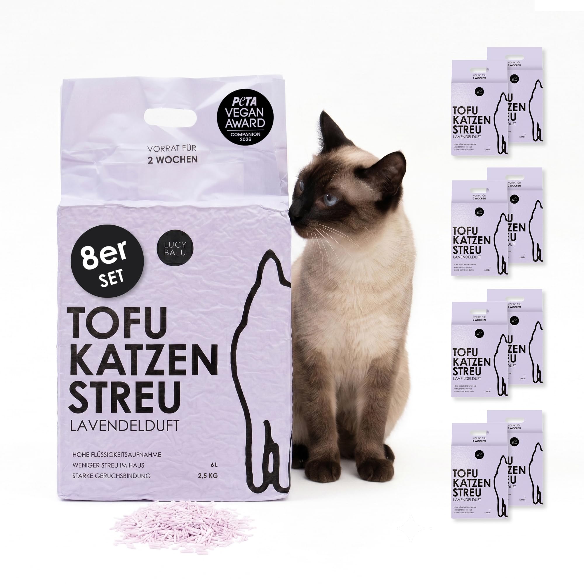 LucyBalu® TOFU żwirek dla kotów, grudek i żwirek dla kotów, wiążący zapach i zrównoważony, zestaw 8 sztuk, 48 litrów, lawendowy