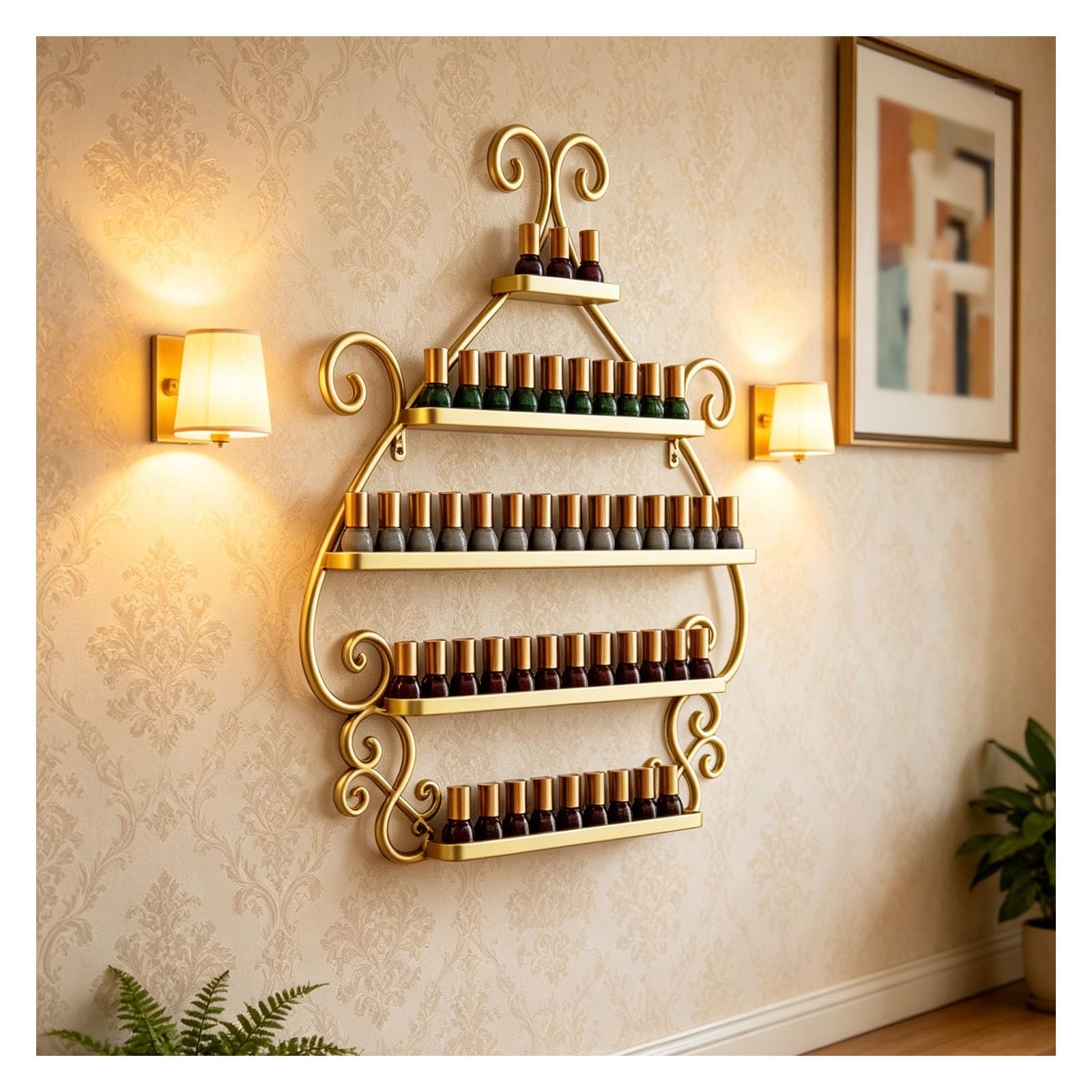 Wandmontiertes Nagellackregal aus Metall für ätherische Öle | 5-stufiges Nagellackaufbewahrungsregale, Nagellack-Display-Regal Wand Organizer Halter für Kosmetik(Gold)