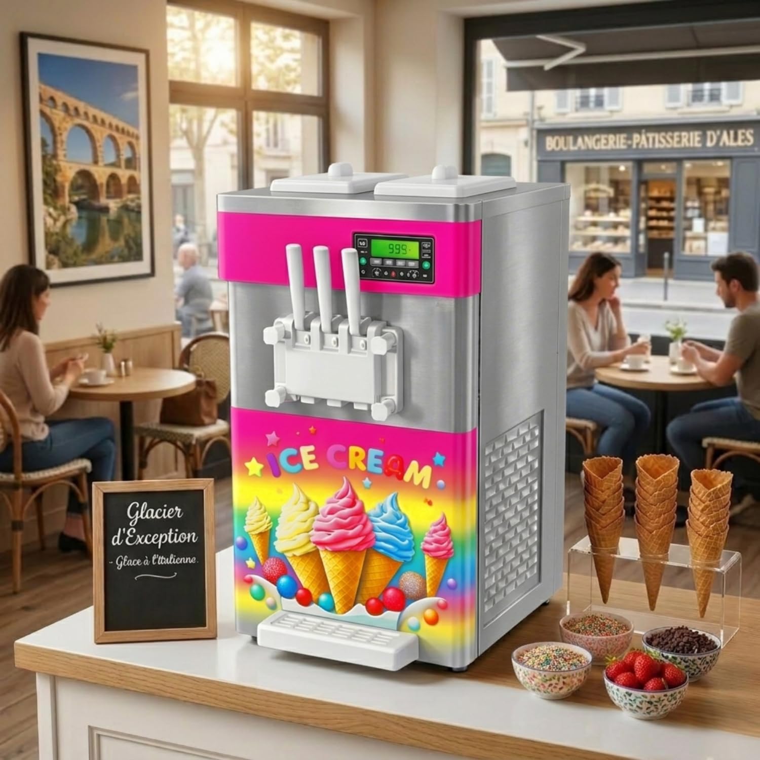 Machine à Glace Italienne Professionnelle 2 Parfums + Mix - 3 Manettes - 18-26 L/h - Pompe à Air