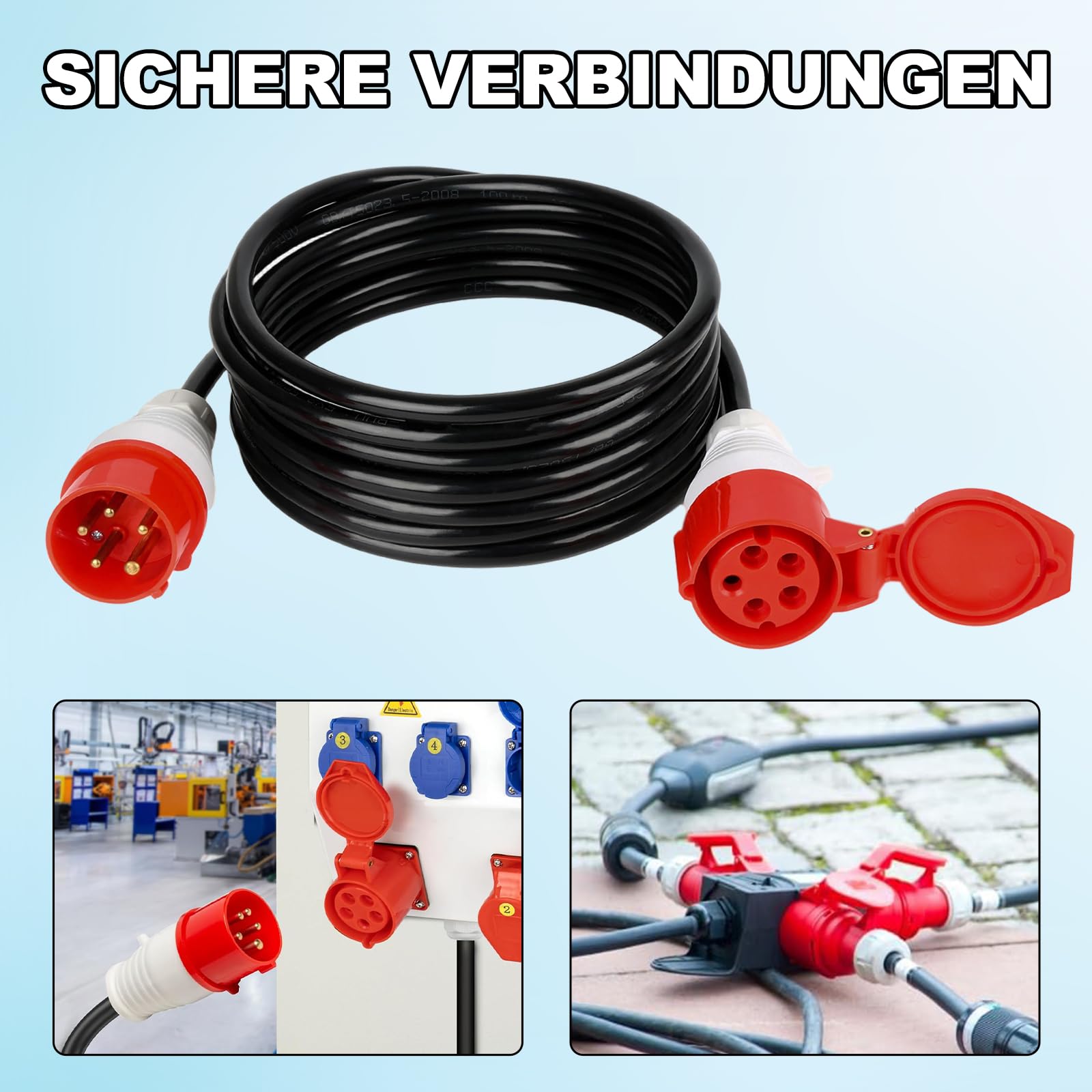 TEOV Cable alargador CEE 5 m, IP44 5G, 2,5 mm², cable de alimentación de goma, 400 V, 16 A, cable de alimentación CEE para obras, comercios, exteriores y agricultura
