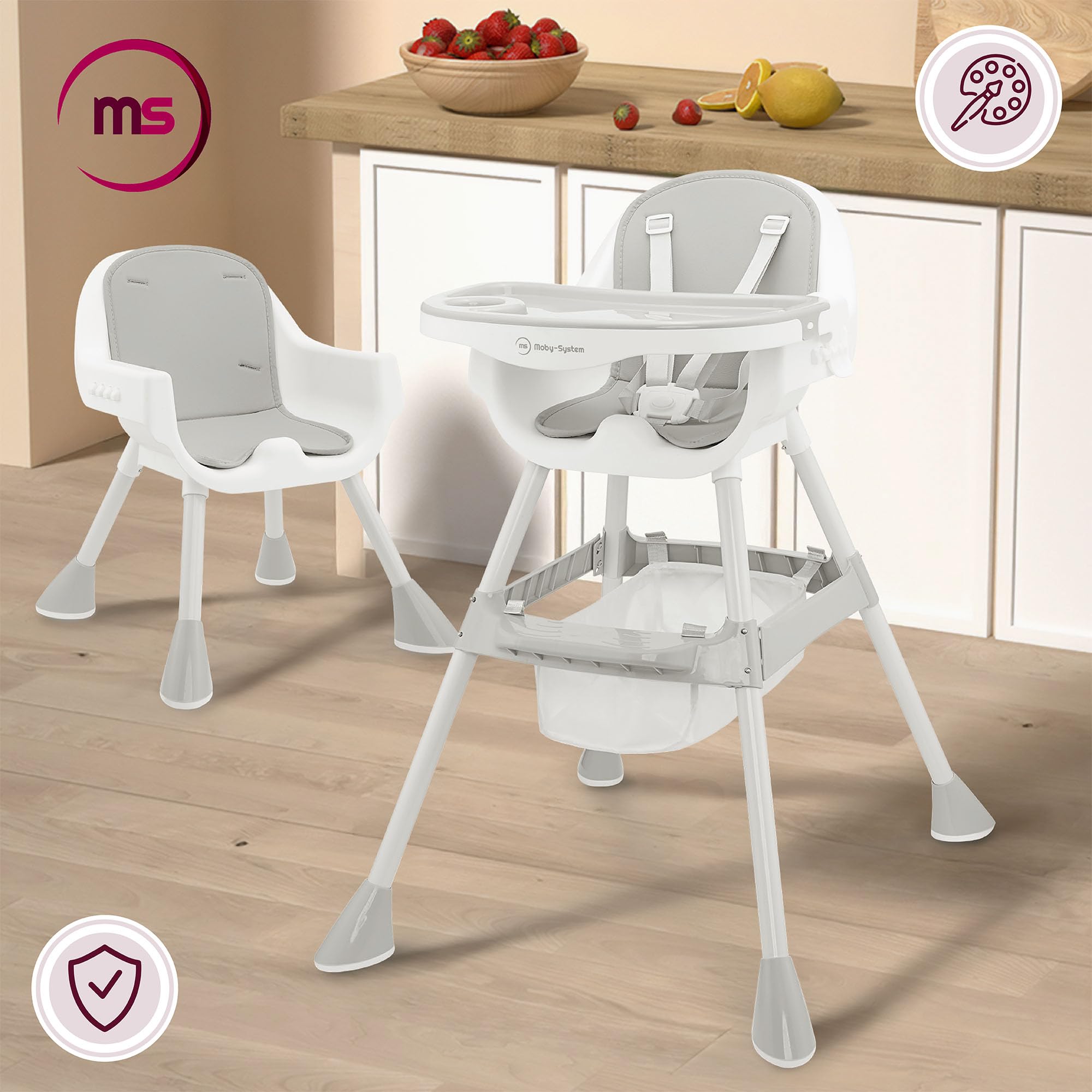Moby-System Chaise Haute Réglable Magnolia 2en1 Grise Similicuir Dès 6 Mois