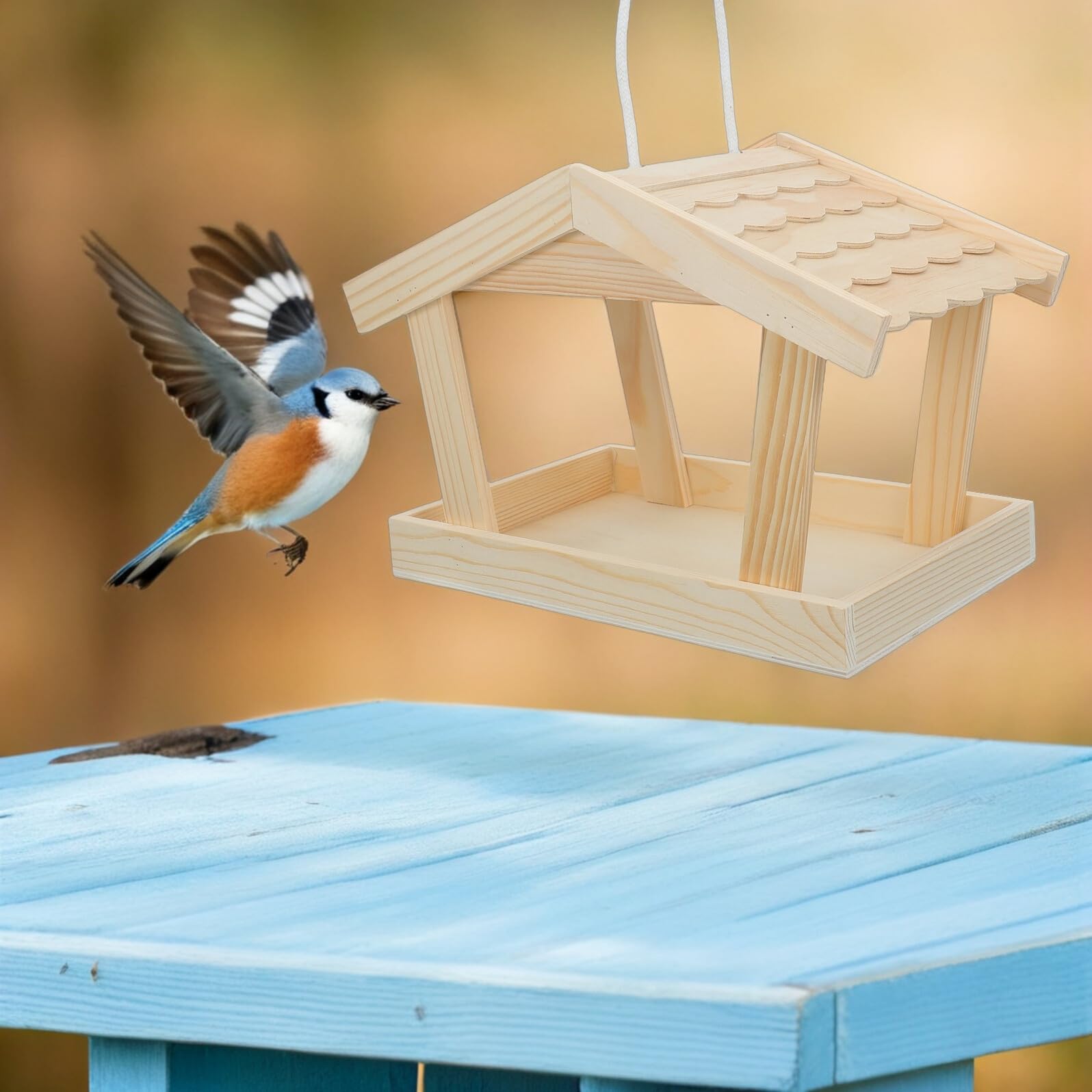 GALPADA Mangiatoia Sospesa per Uccelli Selvatici e Cardellini in Legno di Pino, Capacità Grande, Resistente alle Intemperie, Stile Rustico a Casetta per Giardino Esterno e Cortile