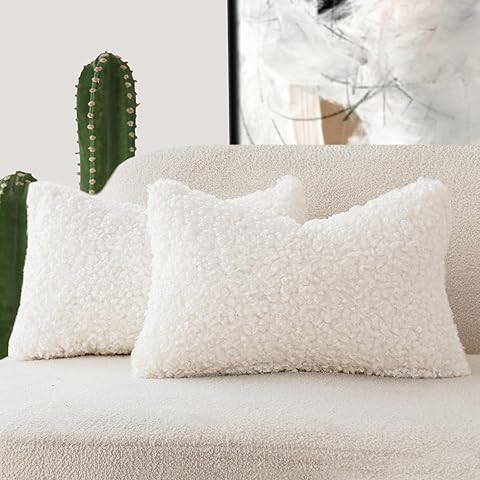 Foindtower - Juego de 2 Fundas de cojín Decorativas de Lana sintética, Textura de Peluche rizada, para Almohada Lumbar Oblonga o cojín de Silla y sofá, 30 x 50 cm, Blanco