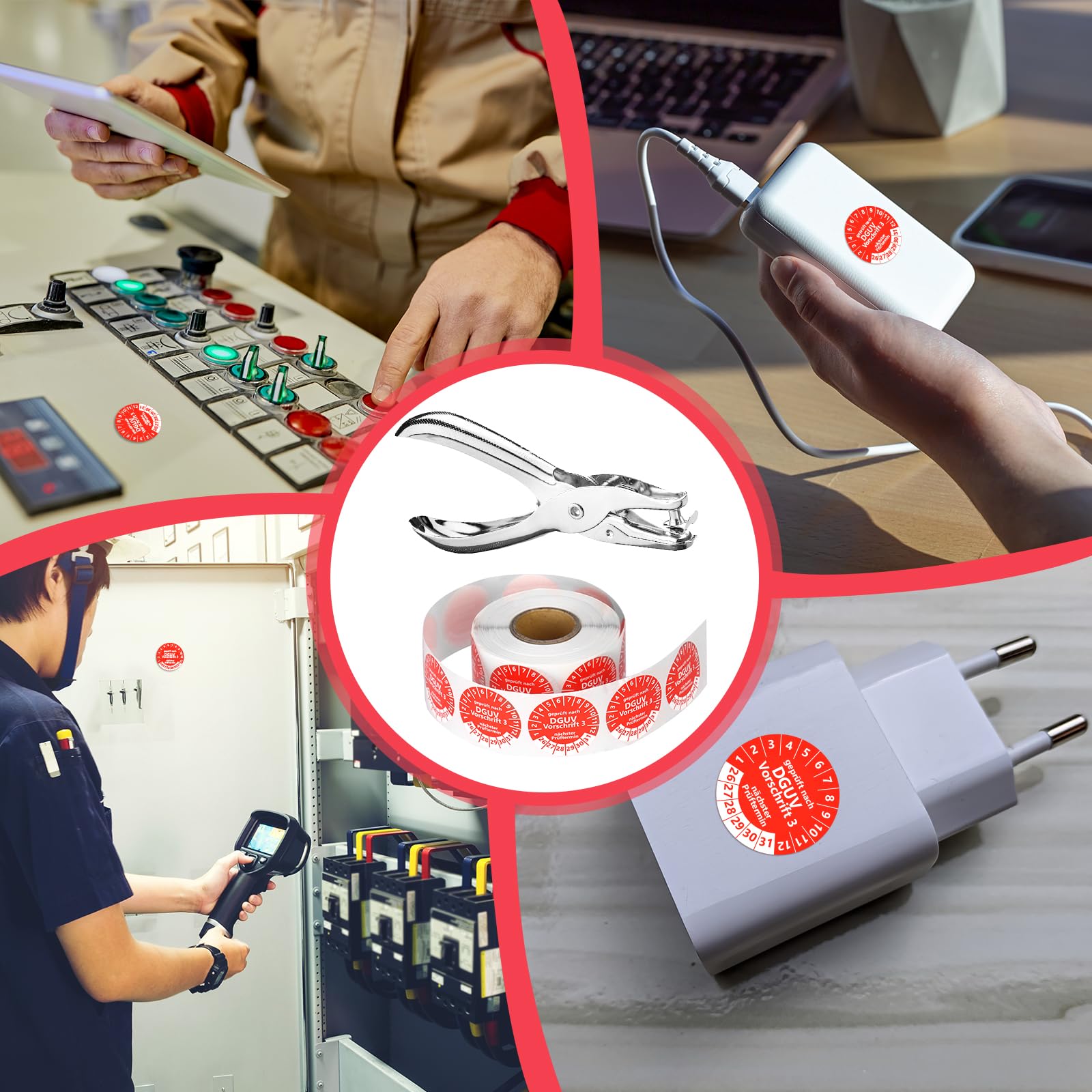 Produktbild von 1650 Stück Prüfplaketten DGUV V3 – 30mm Prüfaufkleber 2026–2031, Rot, Selbstklebend Inkl. Locher Und Lochzange