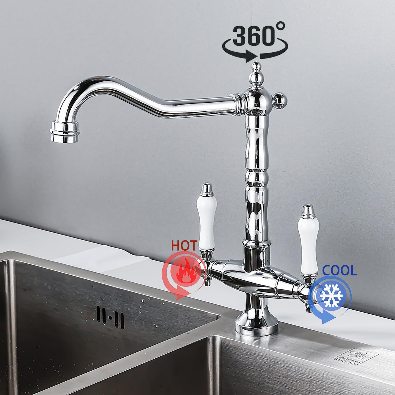 Grifo de cocina cromado, grifo de lavabo alto, retro, antiguo mezclador de dos manijas, lavabo de baño de alta presión, grifo de cocina giratorio 360°, de latón