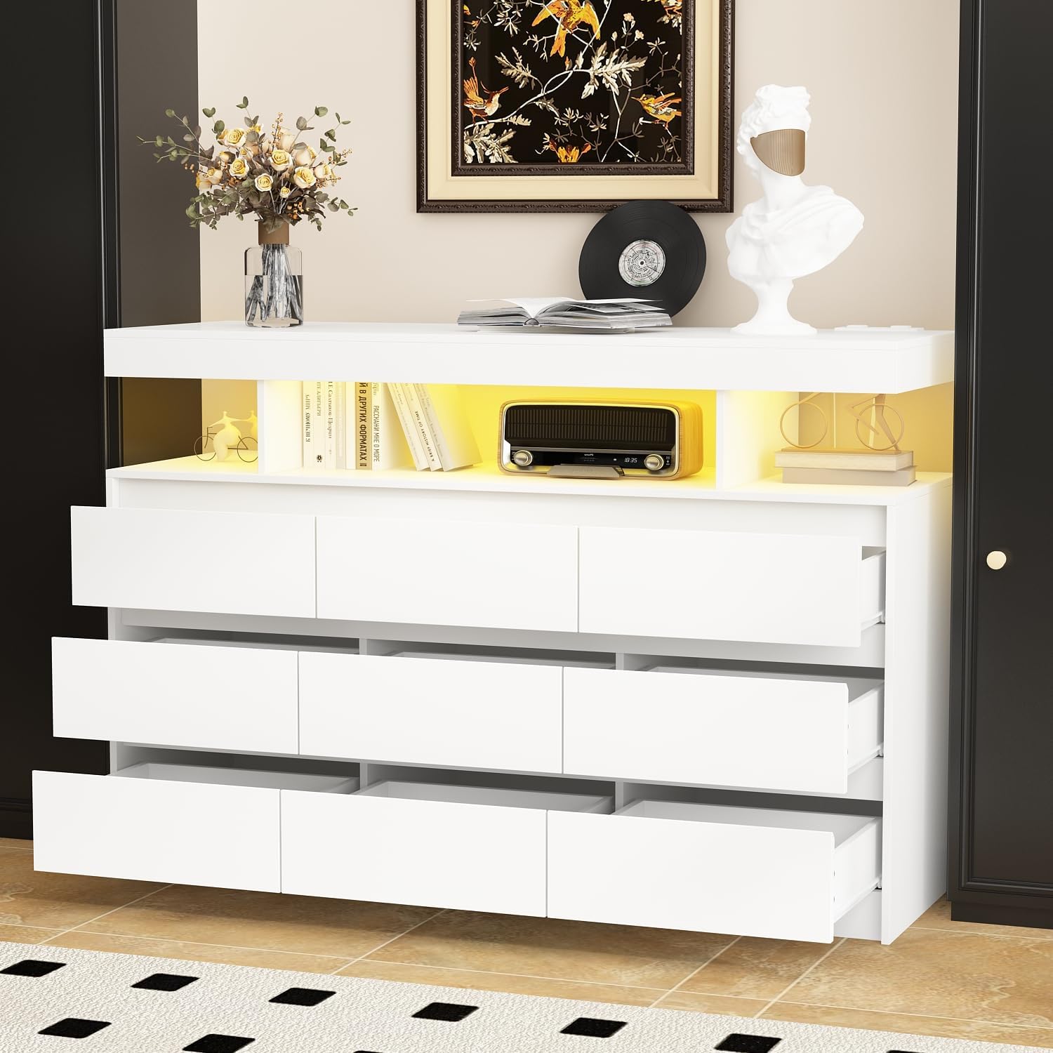 Hitow 9 Drawer Dresser with Light, Adjustable Lighting Options, Modern Dresser with a 47.2" W Desktop and Silent Metal Slide Rails, 42" W Floor Storage Organizer Chest of Drawers for Bed Room, White