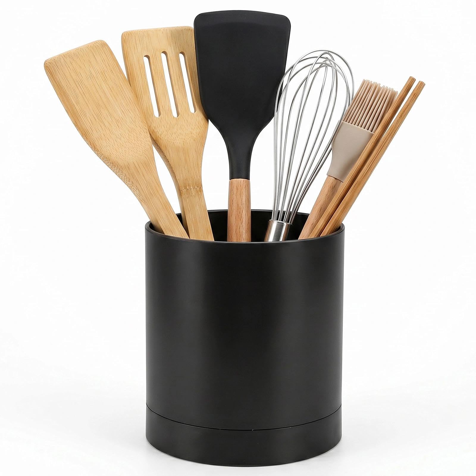 Dexpally Rotating Black Utensil Holder Countertop Utensil Pot Plastic Kitchen Utensils Holder 360° Rotating Utensil Crock for Kitchen Countertop