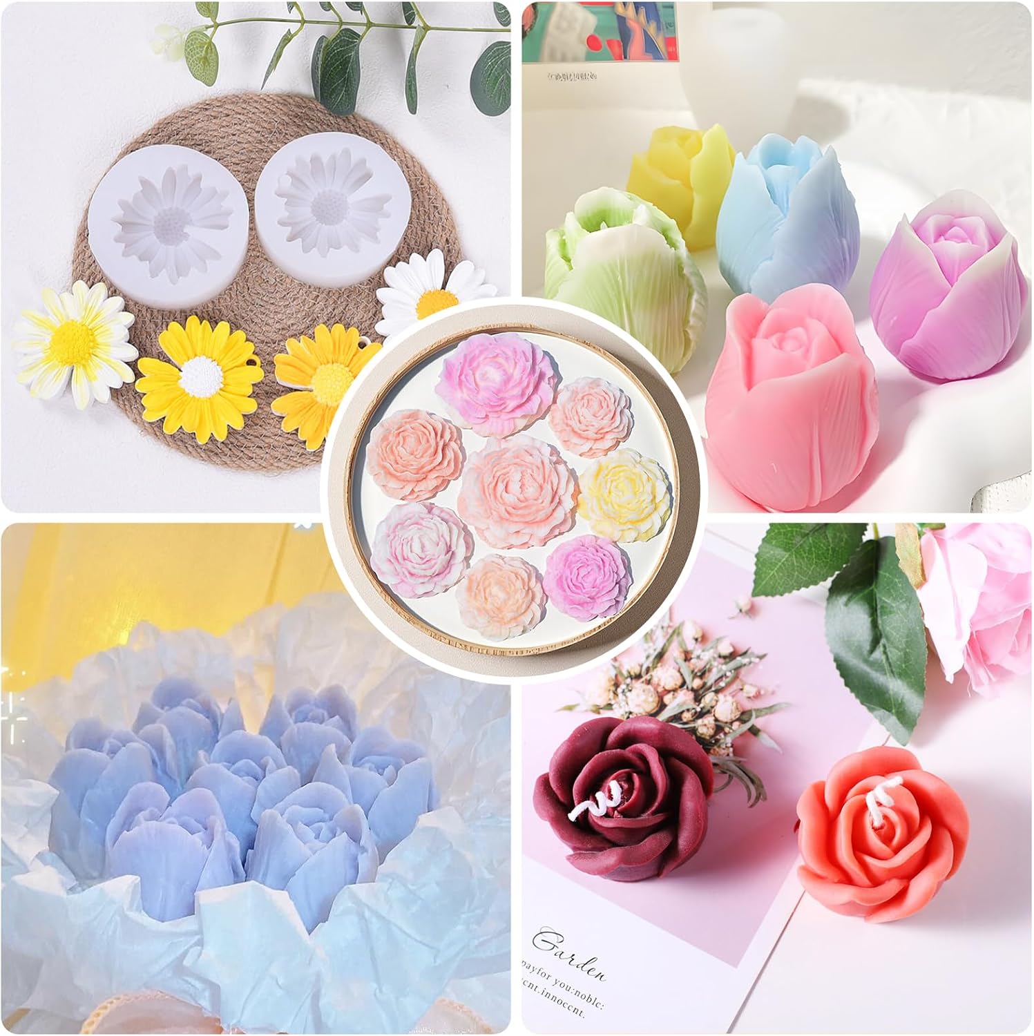 4Pcs Silicone Flower Candle Molds for Candle Making, with Wax Wick