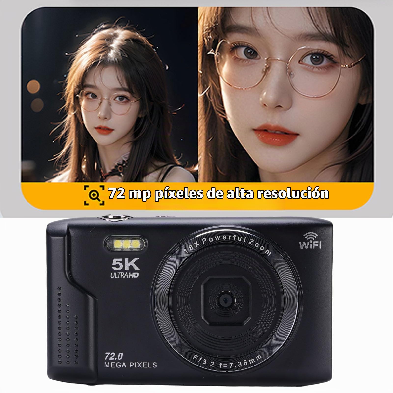Cámara Digital de 5k 72MP con WiFi, 16x Zoom óptico, 2.8 LCD, 1200 MAh Battery Vlogging Camera para Viajar, Youtube, Soporte de 128 GB (Enfoque Automático, Modo Macro, Cámara