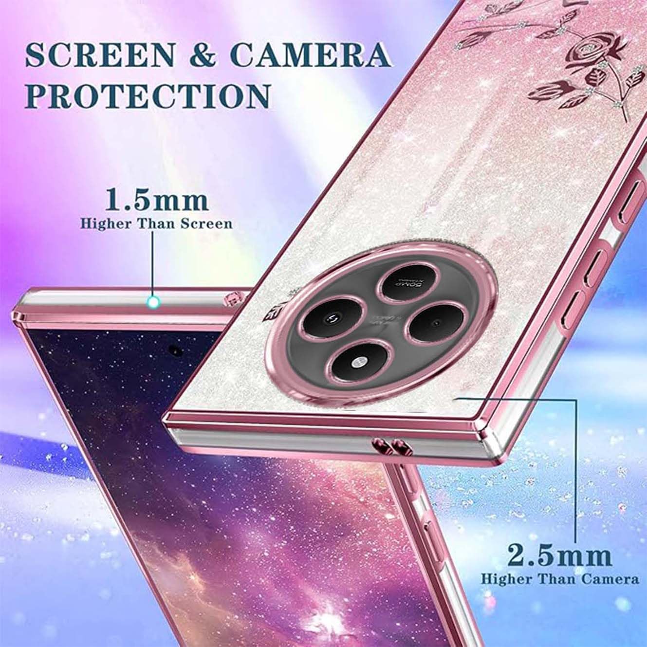 MRRSIWEI For Xiaomi Redmi Note 14 Case For Women Girls, Luxury Plating Bling Glitter Sparkle Flowers Shockproof Case With Ring Stand For Xiaomi Redmi Note 14.Flowers Purple - View #4