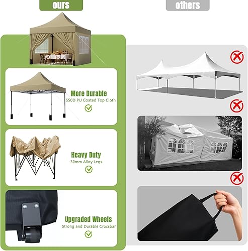Vista 8 de Toldo desplegable resistente de 10 x 10 pies con 4 paredes laterales, tienda de campaña comercial 550D fácil arriba, tienda de campaña impermeable