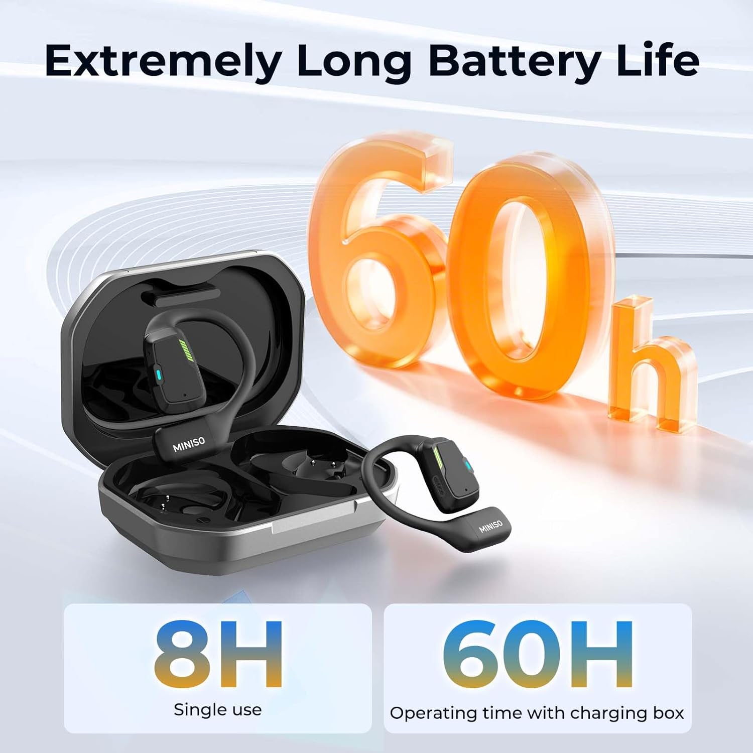 MINISO M98 earbuds and charging case showing 60 hours battery life