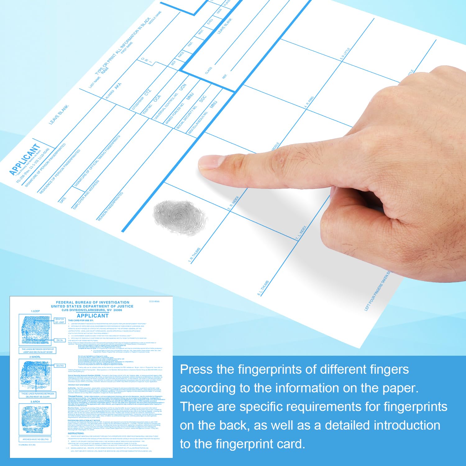 100pcs Fingerprint Cards, Premium Applicant FD-258 Finger Print Cards Rev. 11-1-20 (8.03x8.03 Inches), white, blue - Image 4