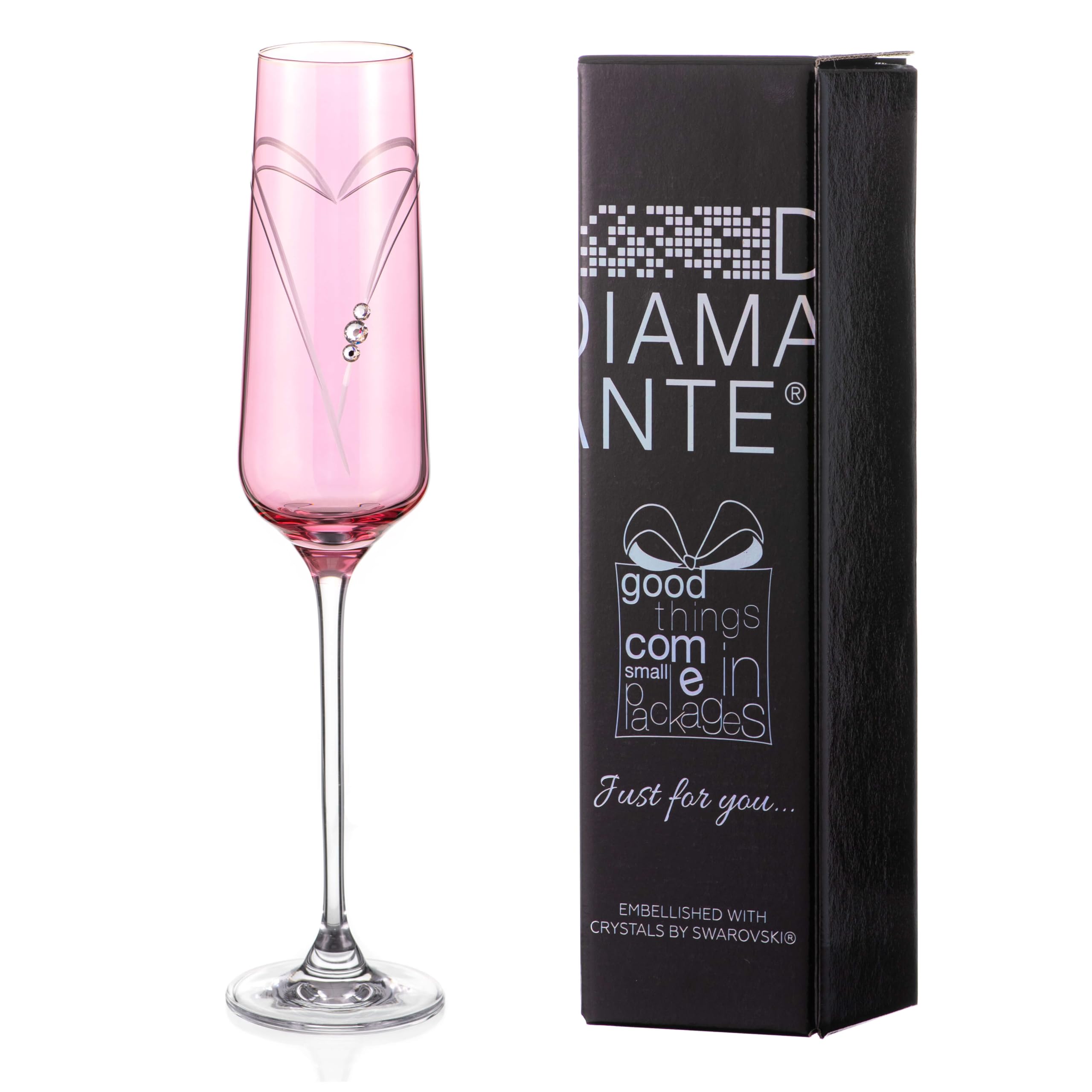 DIAMANTE Champagne Flute Glass - Pink Hearts - Single Pink Coloured Giftable Champagne Glass with Swarovski Crystals