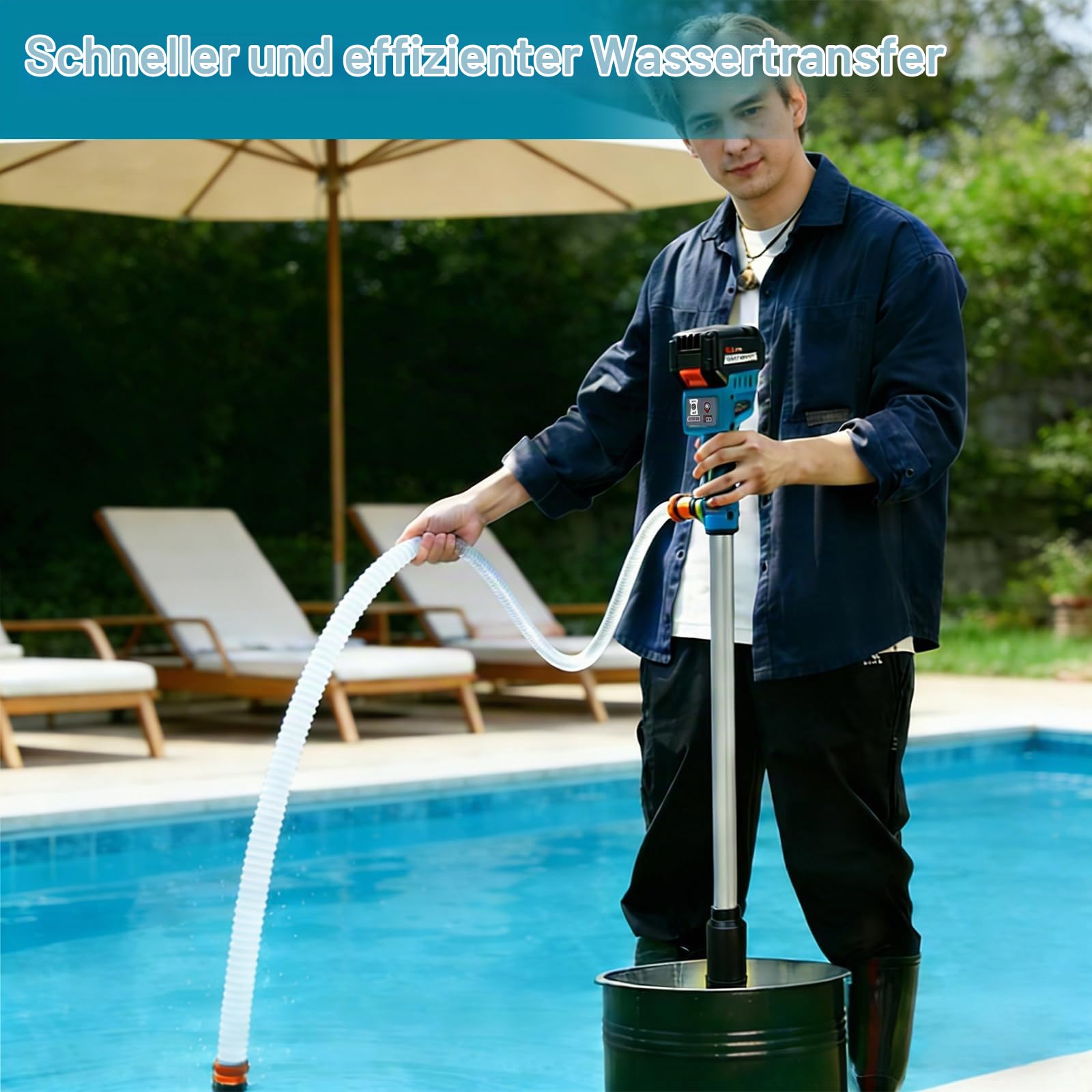 Akku Regenfasspumpe 21V, Regenfasspumpe Akku mit 2×1500mAh Akku und 8m Schlauch, Bürstenlos Motor,3-stufiger Durchfluss, max.Fördermenge 3000 L/h, Förderhöhe 8 m, für Garten Pool Wohnmobil Regentonne