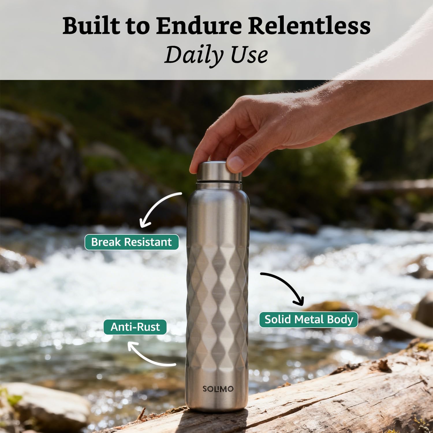 Amazon Brand - Solimo Stainless Steel Cubix Water Bottles Set of 3, 1L Each | Rust-Resistant, Shatter-Proof, Spill-Proof | Food Grade Steel | Office, School, Travel | Dishwasher Safe (Silver) 1