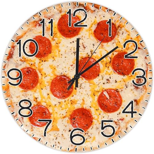 Miniatura 1 de Reloj de pared redondo de madera con números arábigos, comida y pizza, silencioso, sin tictac, funciona con pilas, relojes grandes para sala de