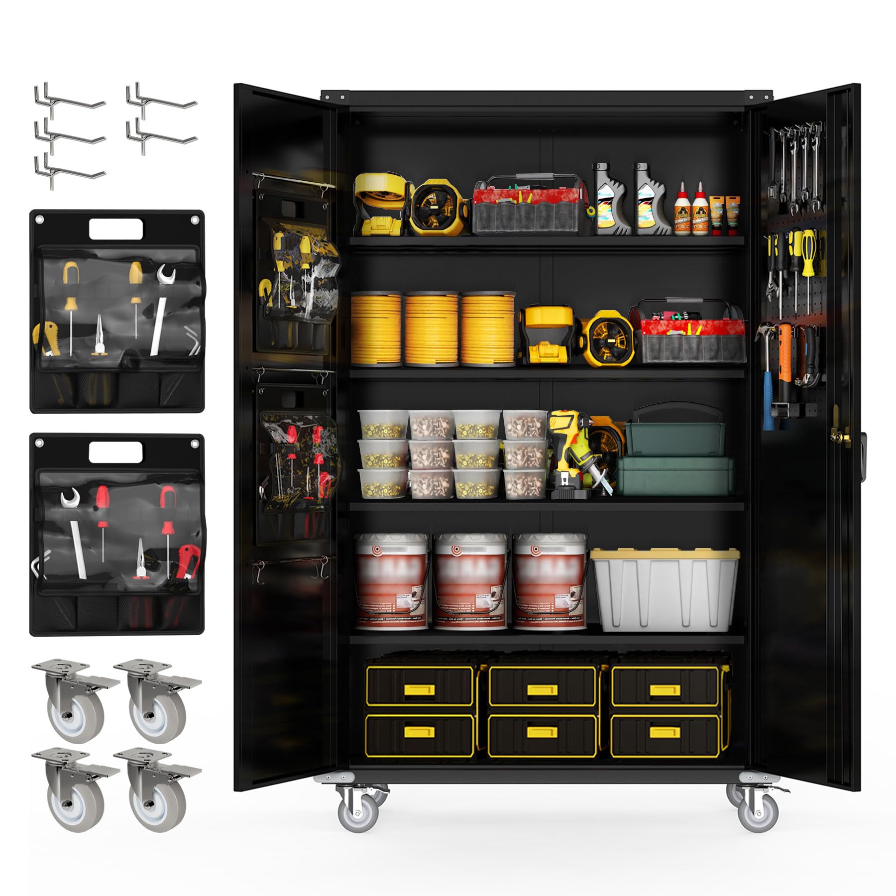 biosp 72" H Wide & Deep Garage Storage Cabinet with Wheels & Pegboards, Metal Storage Cabinet with Locking Door & Adjustable Shelves, Rolling Tool