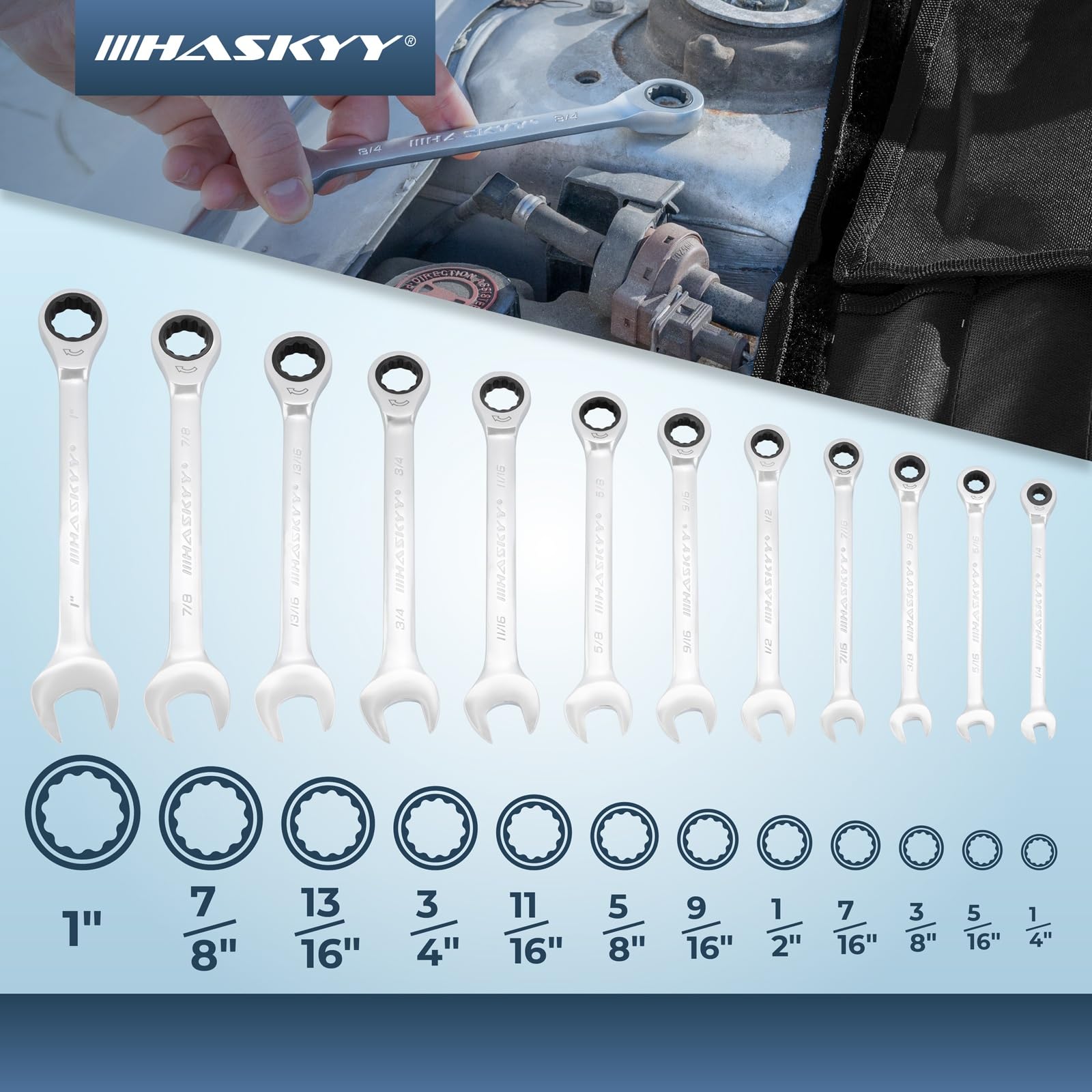 HASKYY – Set di chiavi a cricchetto, 24 pezzi, da 5/32" a 1.1/4" con cricchetto a anello, set di 12 chiavi a cricchetto da 1/4" a 1" pollici/pollici per veicoli USA