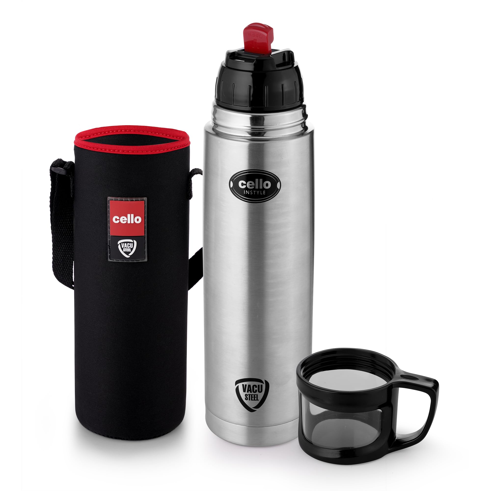 Instyle Thermosteel Water Bottle with Jacket 750ml, Black | ISI Certified | 24 Hours Hot or Cold | Double Walled Vacuum Insulated Flip Lid Flask | Ideal for Water, Tea, Coffee & Cold Beverages