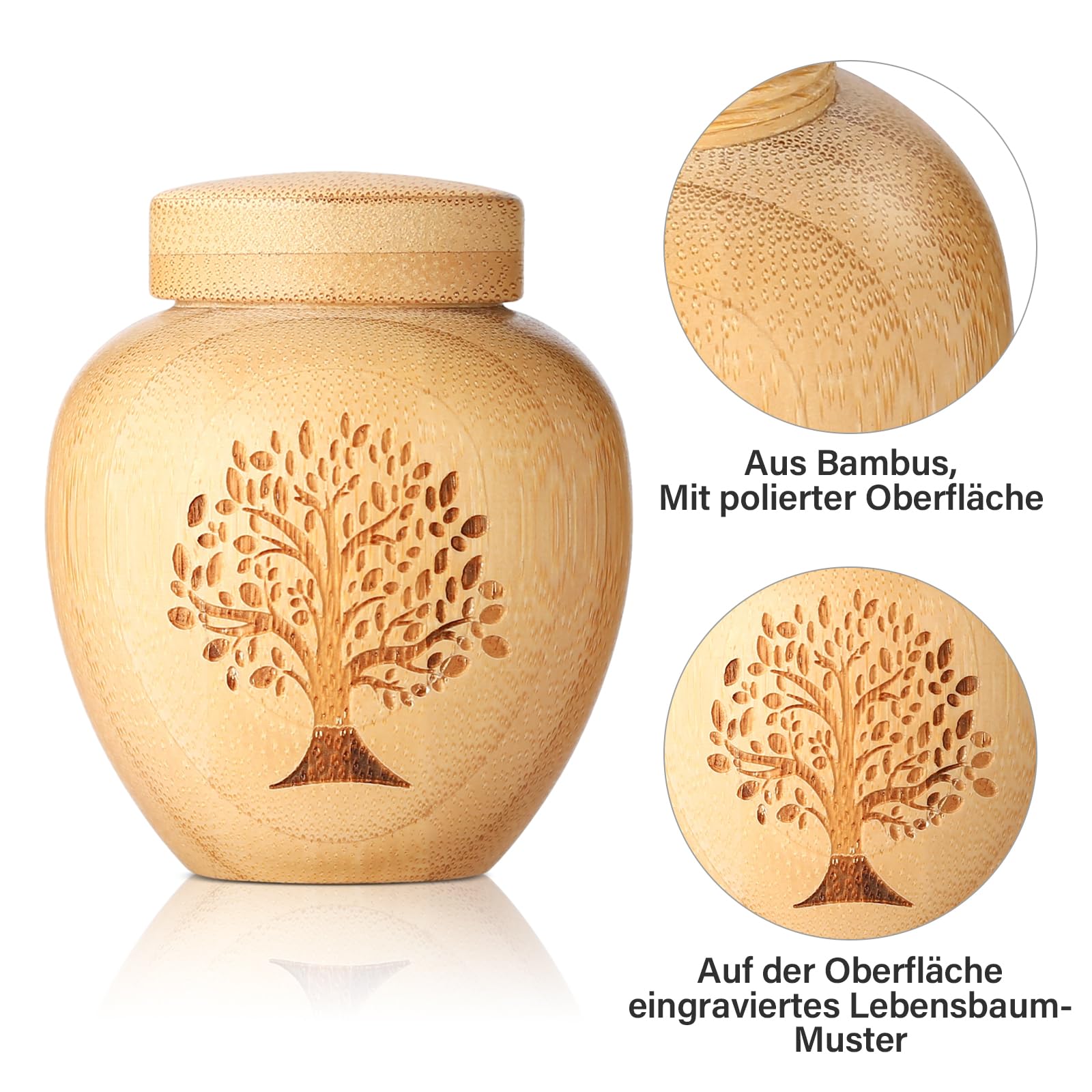 Piccola urna per cenere umana in bambù – Mini ricordo con motivo albero della vita inciso per persone e animali domestici (albero della vita, 1 pezzo)