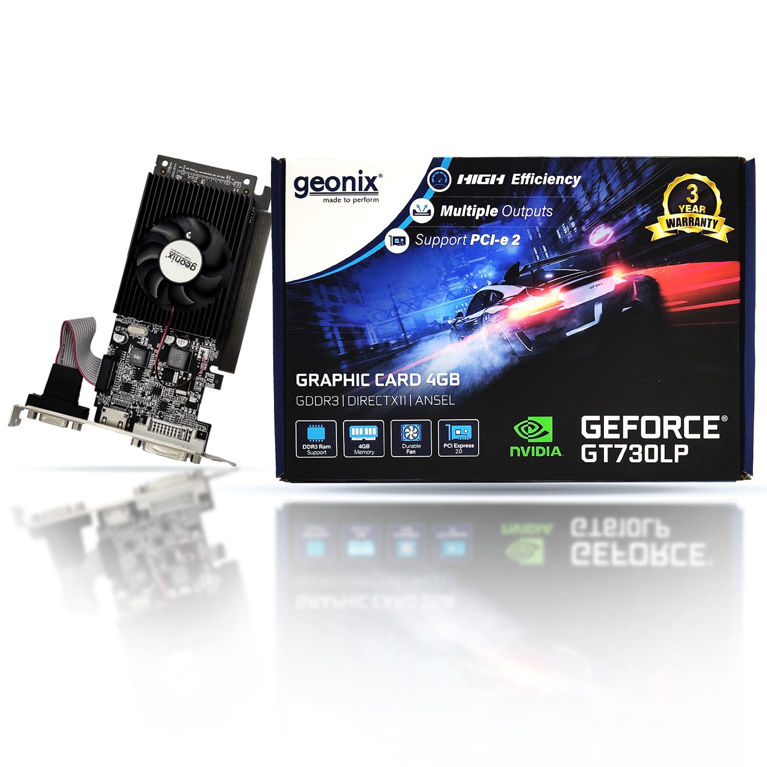 GEONIX GEFORCE GT 730LP 4GB DDR3 Graphic Card | 64bit Dual Slot | Multiple Outputs- VGA, HDMI, DVI | Support PCI-e2 Profile GEONIX GEFORCE GT 730LP 4GB DDR3 Graphic Card | 64bit Dual Slot | Multiple Outputs- VGA, HDMI, DVI | Support PCI-e2 Profile