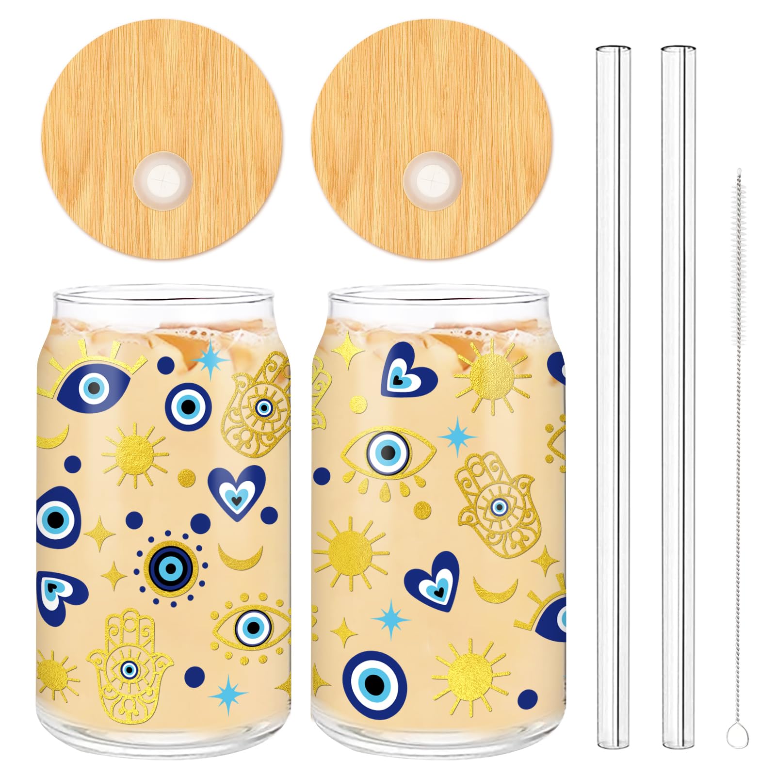Whaline 2 Pack Evil Eyes Iced Coffee Cup Blue Evil Eye Hamsa Hand Drinking Glasses Astrological Beer Can Glass with Lid Straw Cleaning Brush for Home Office Women Gifts,16oz