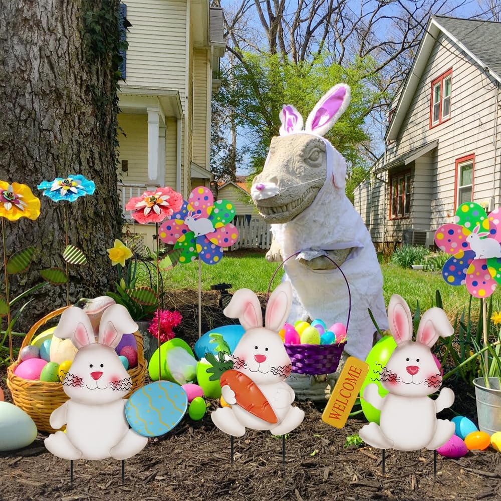 hogardeck Easter Decorations Outdoor, 37 Inch 3 Stacked Cute Bunny Decorative Garden Stakes with Egg for Spring Decor, Welcome Metal Easter Yard Sign for Home Outside Lawn Front Porch Lawn Backyard - Image 8