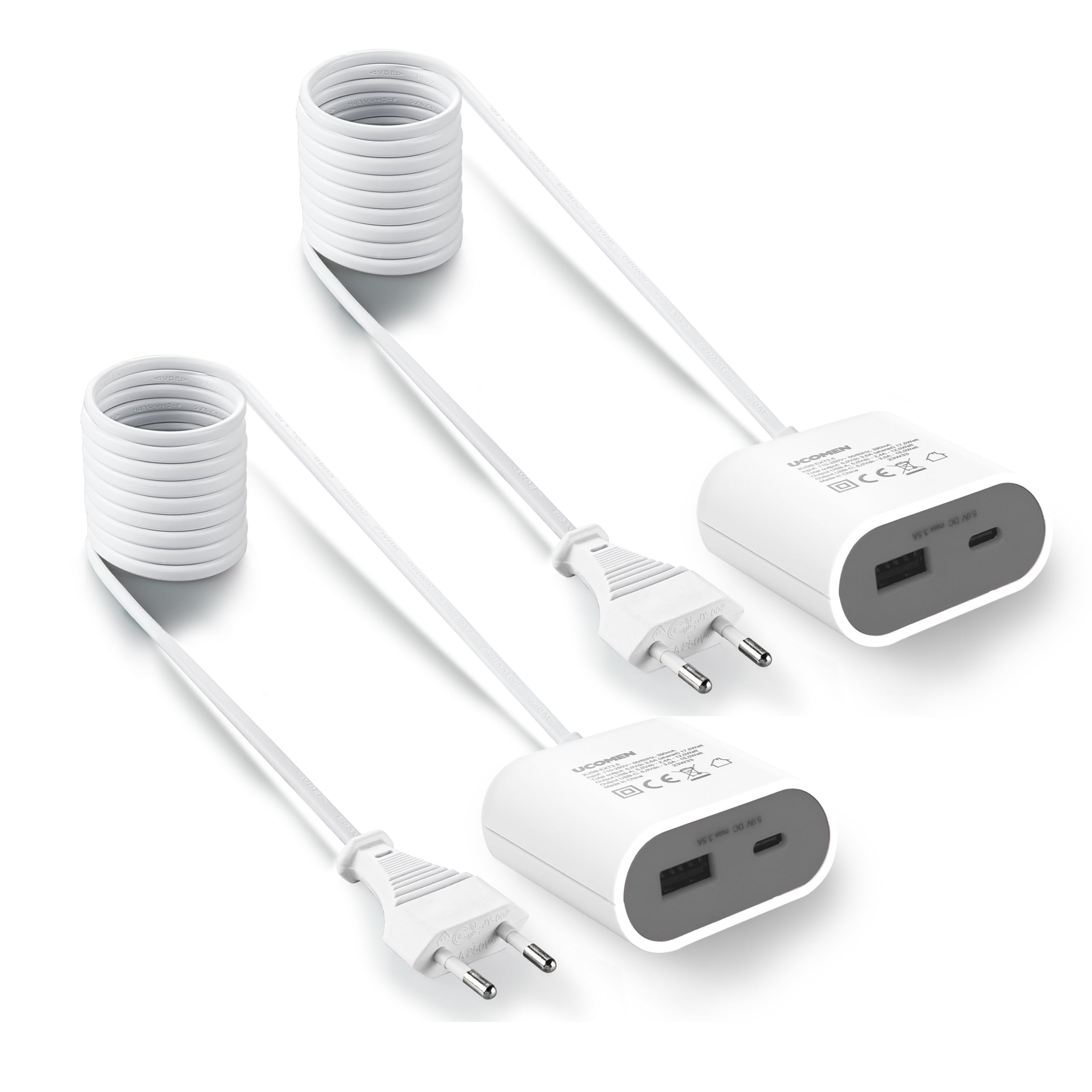 UCOMEN 17W Schnellladegerät mit 1.5 m Kabel, mit einem USB A und einem USB C,3.5A, grau 2 Pack